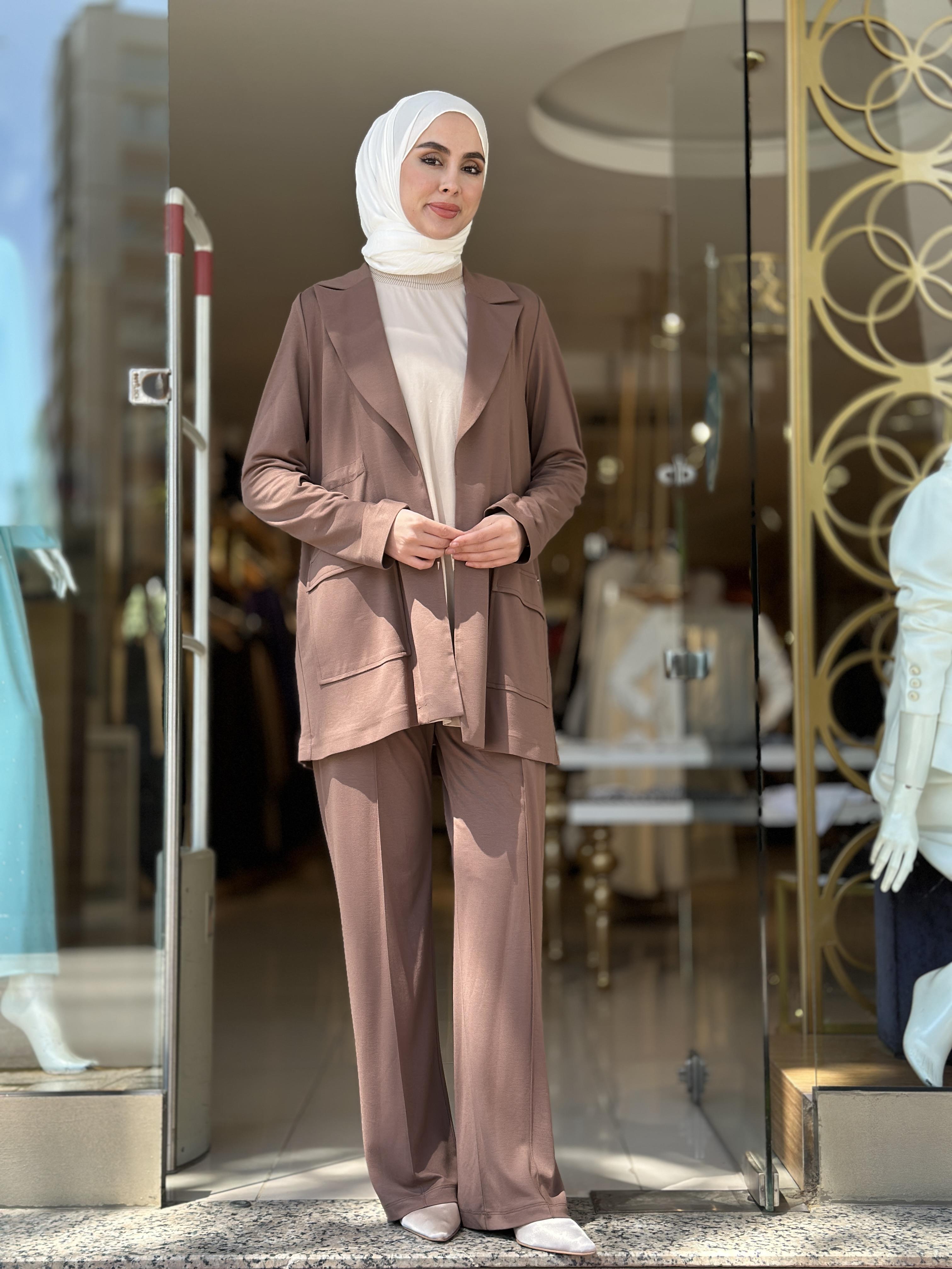 Beli Büzgülü Örme Ceketli Takım - Çikolata 