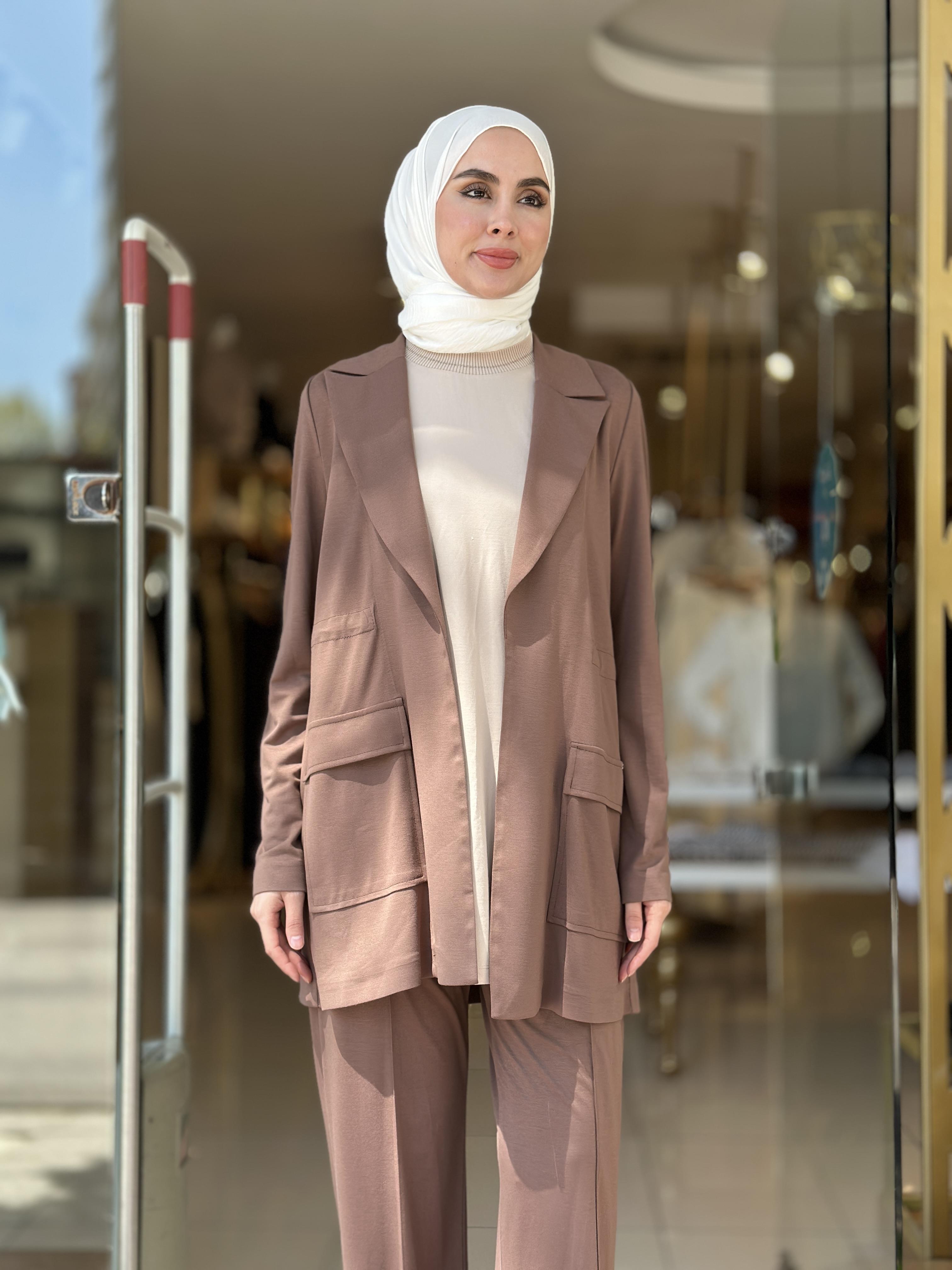 Beli Büzgülü Örme Ceketli Takım - Çikolata 