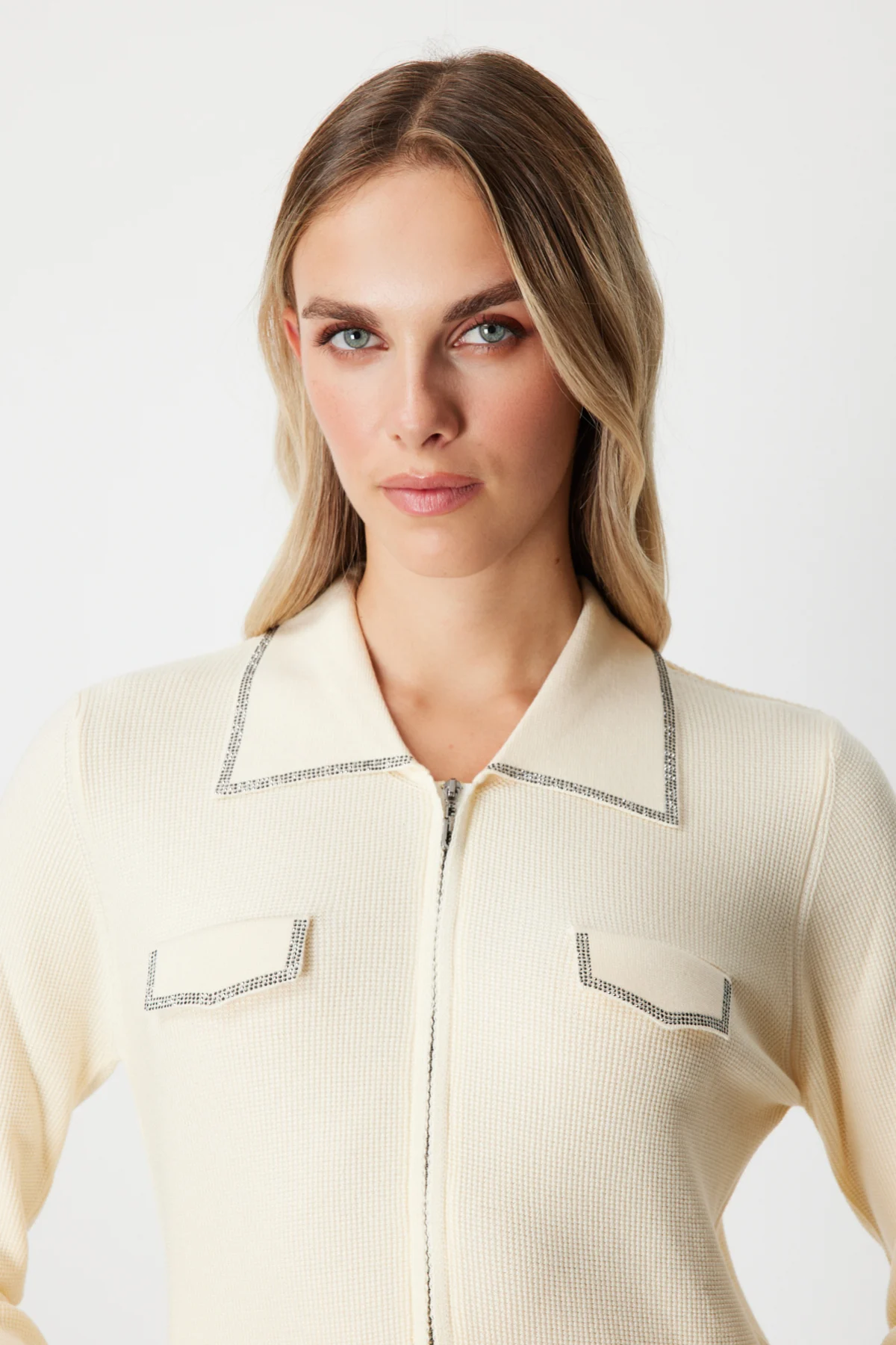 Cep Kapaklı Fermuarlı Triko Hırka- Krem