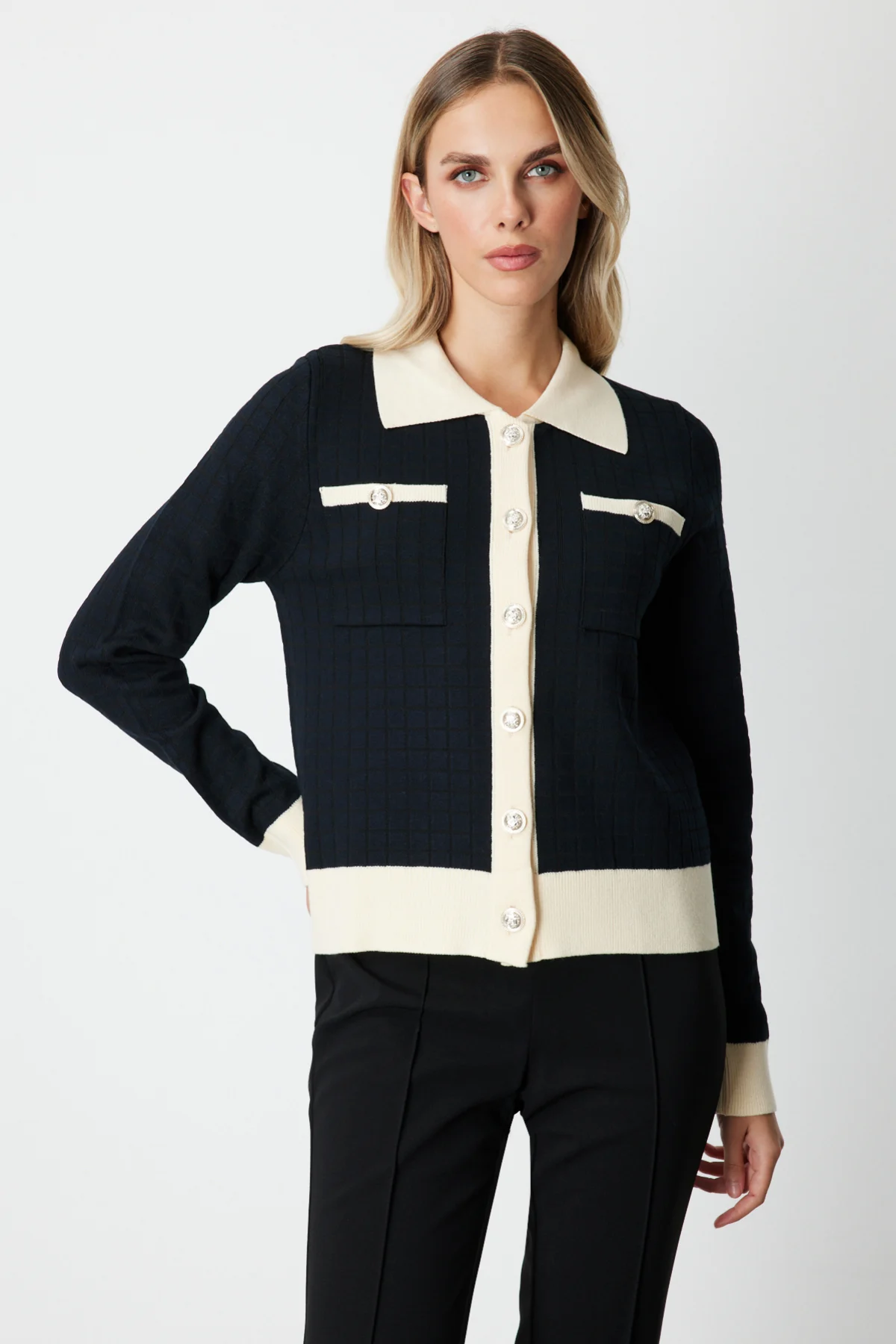 Cepli Gömlek Yaka Triko Hırka - Siyah