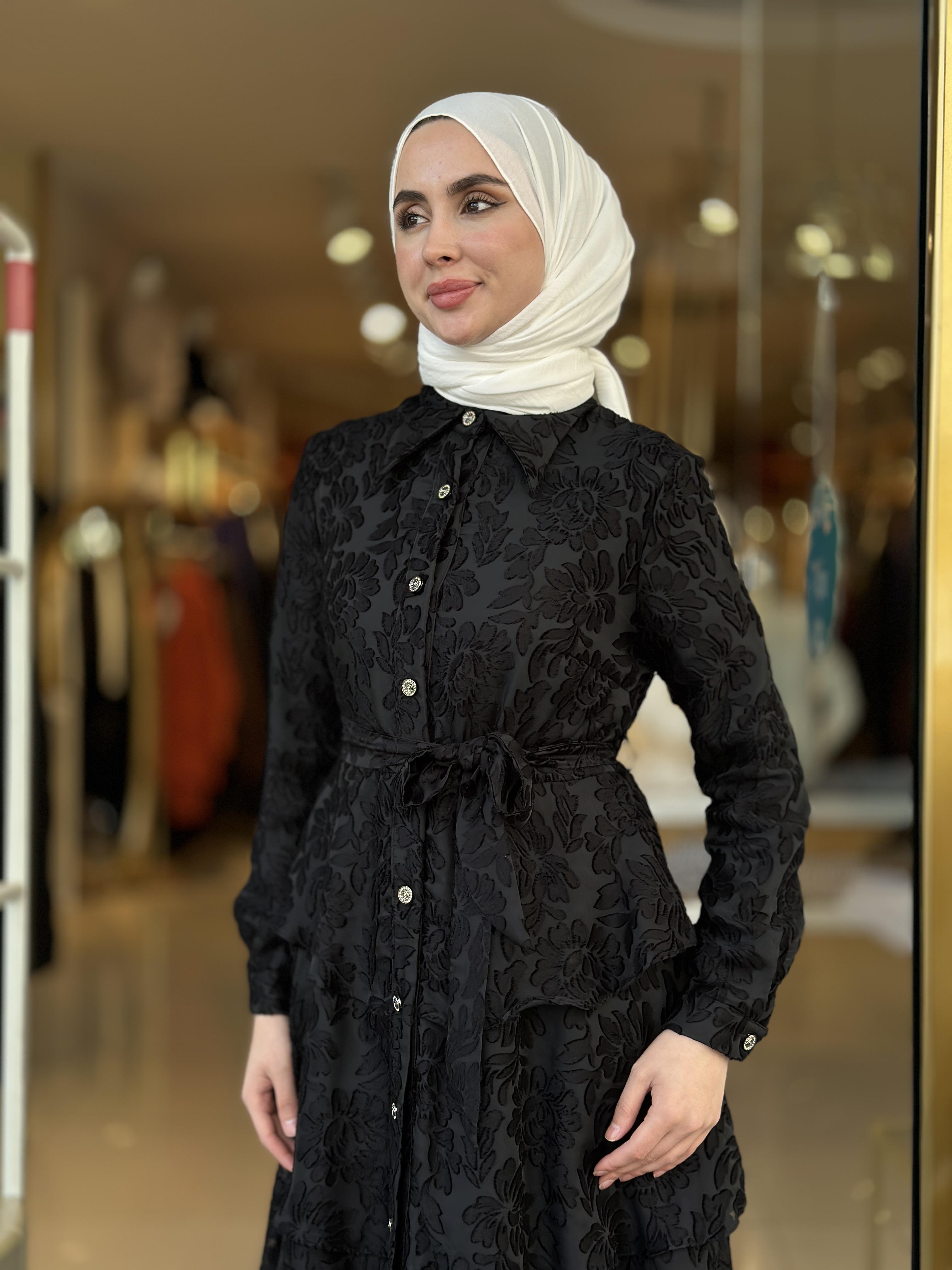 Çiçek Desen Kat Kat Şık Elbise - Siyah 