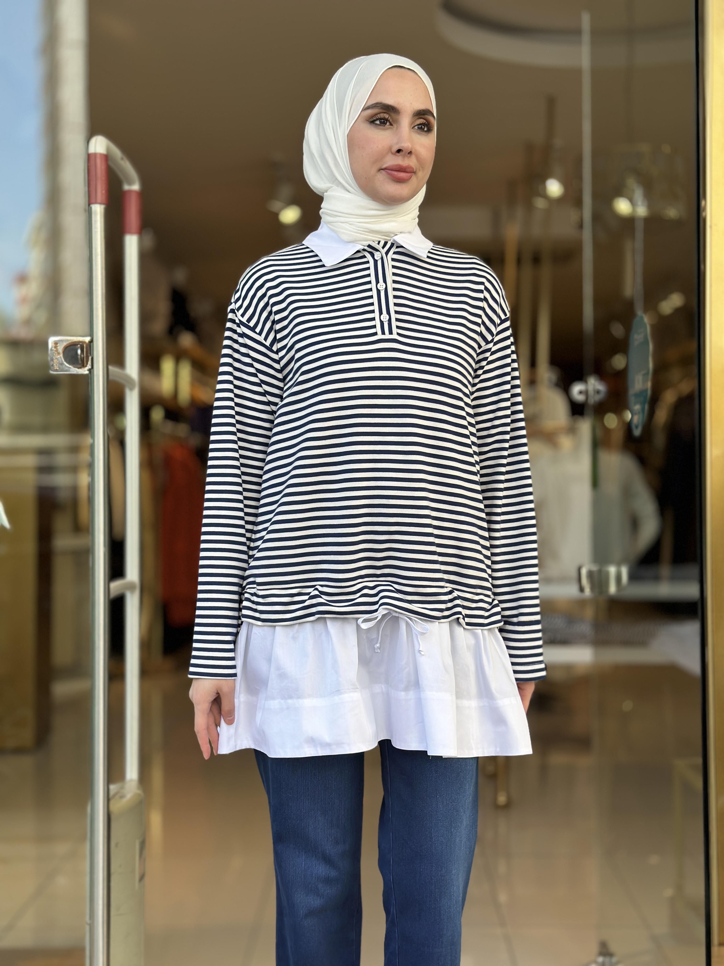 Çizgili Gömlek Yaka Sweatshirt - Lacivert