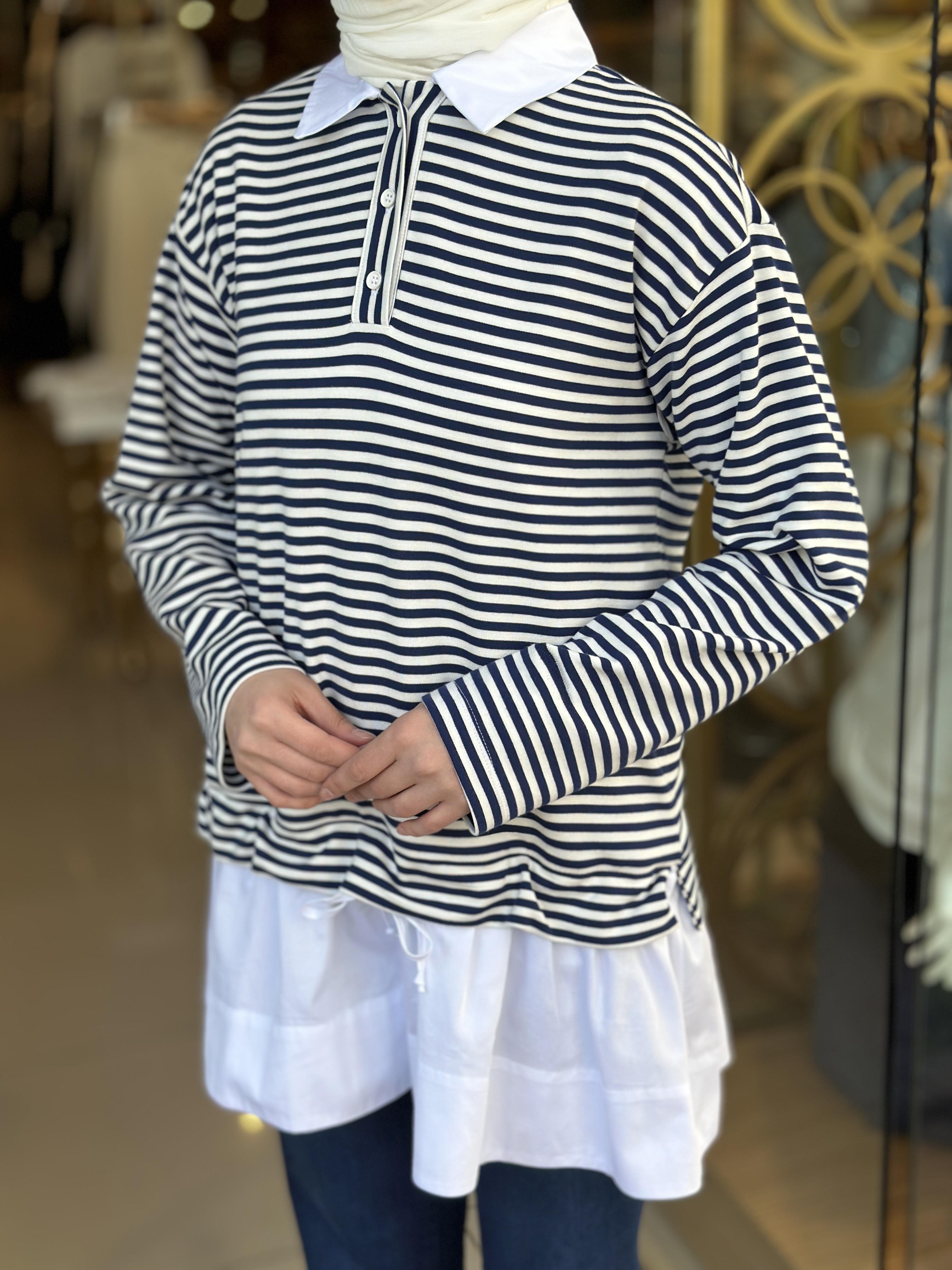 Çizgili Gömlek Yaka Sweatshirt - Lacivert