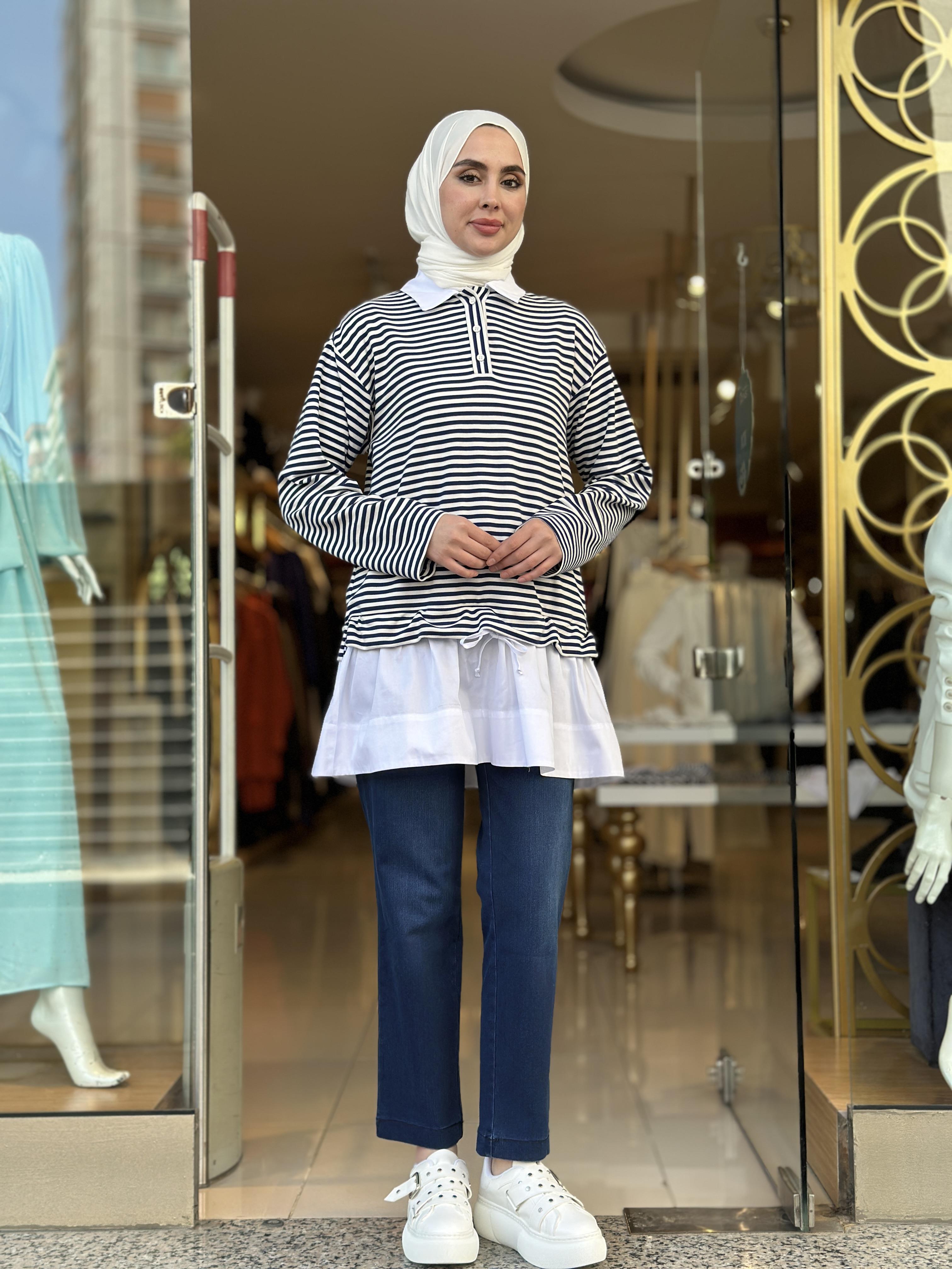 Çizgili Gömlek Yaka Sweatshirt - Lacivert