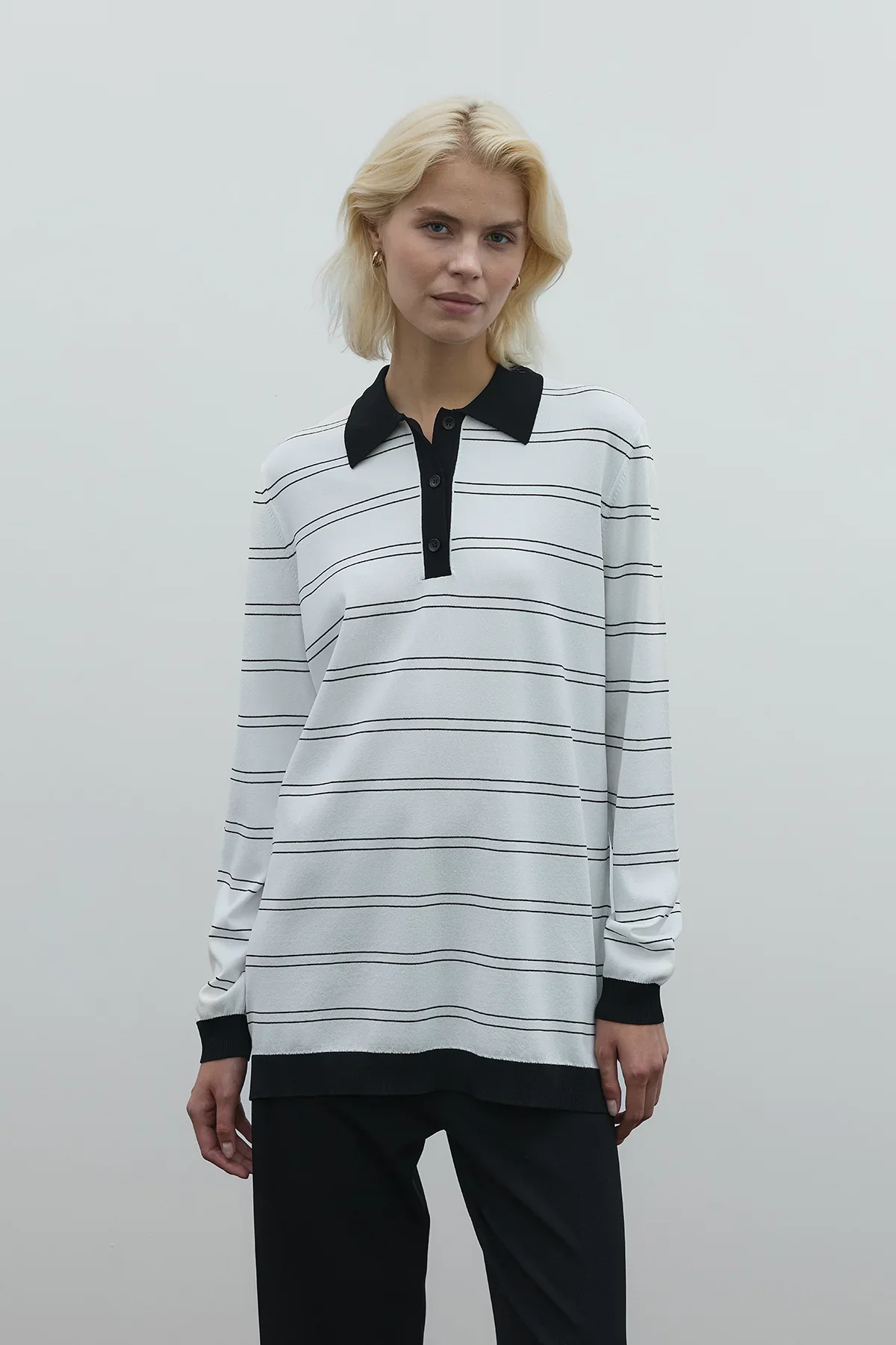 Çizgili Merserize Triko Tunik - Siyah