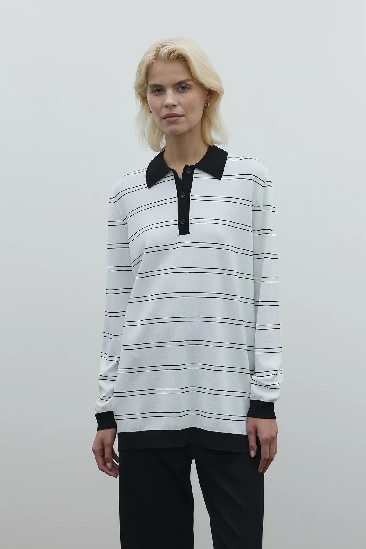 Çizgili Merserize Triko Tunik - Siyah