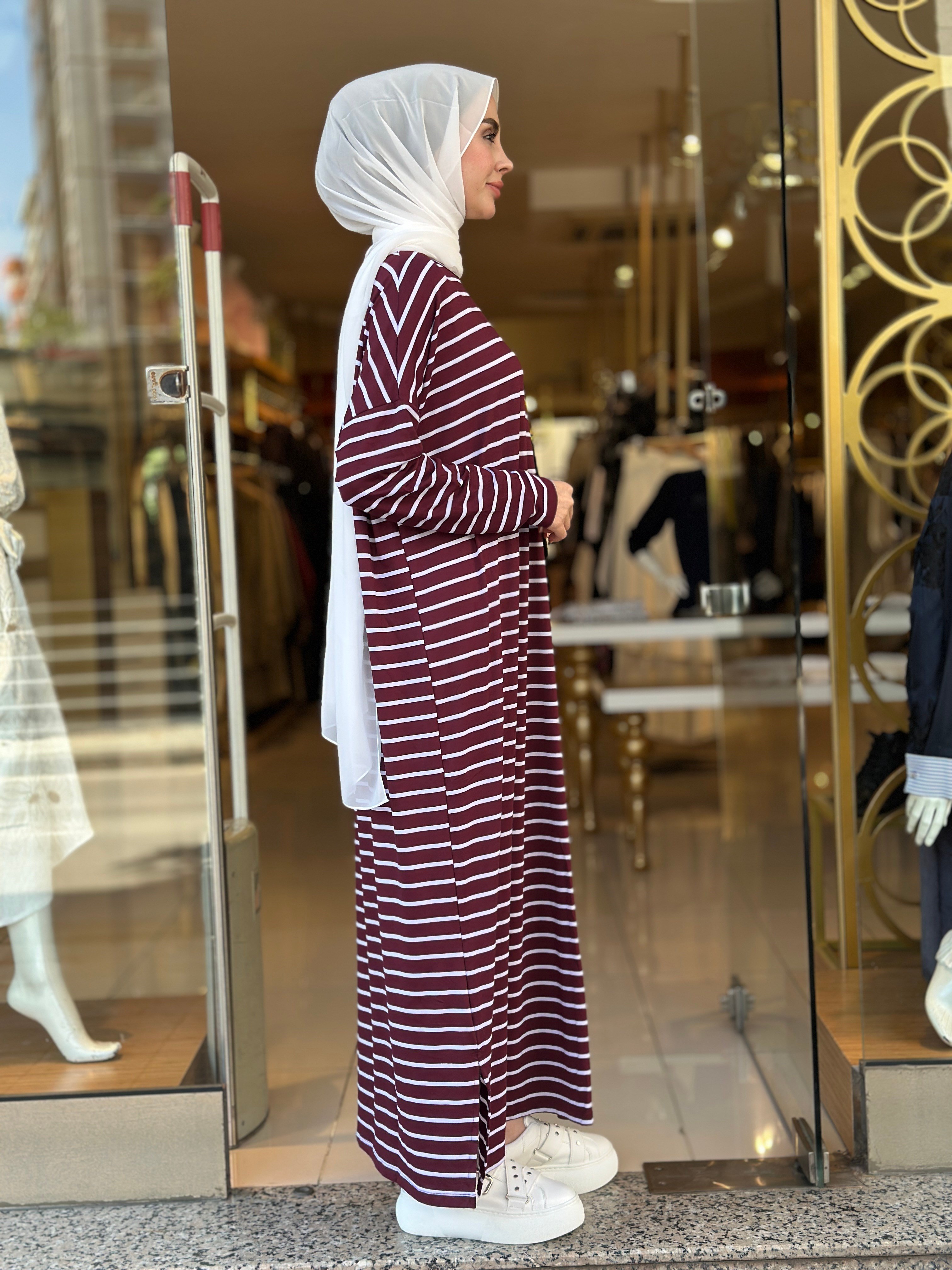 	Çizgili Yırtmaçlı Basic Elbise - Bordo