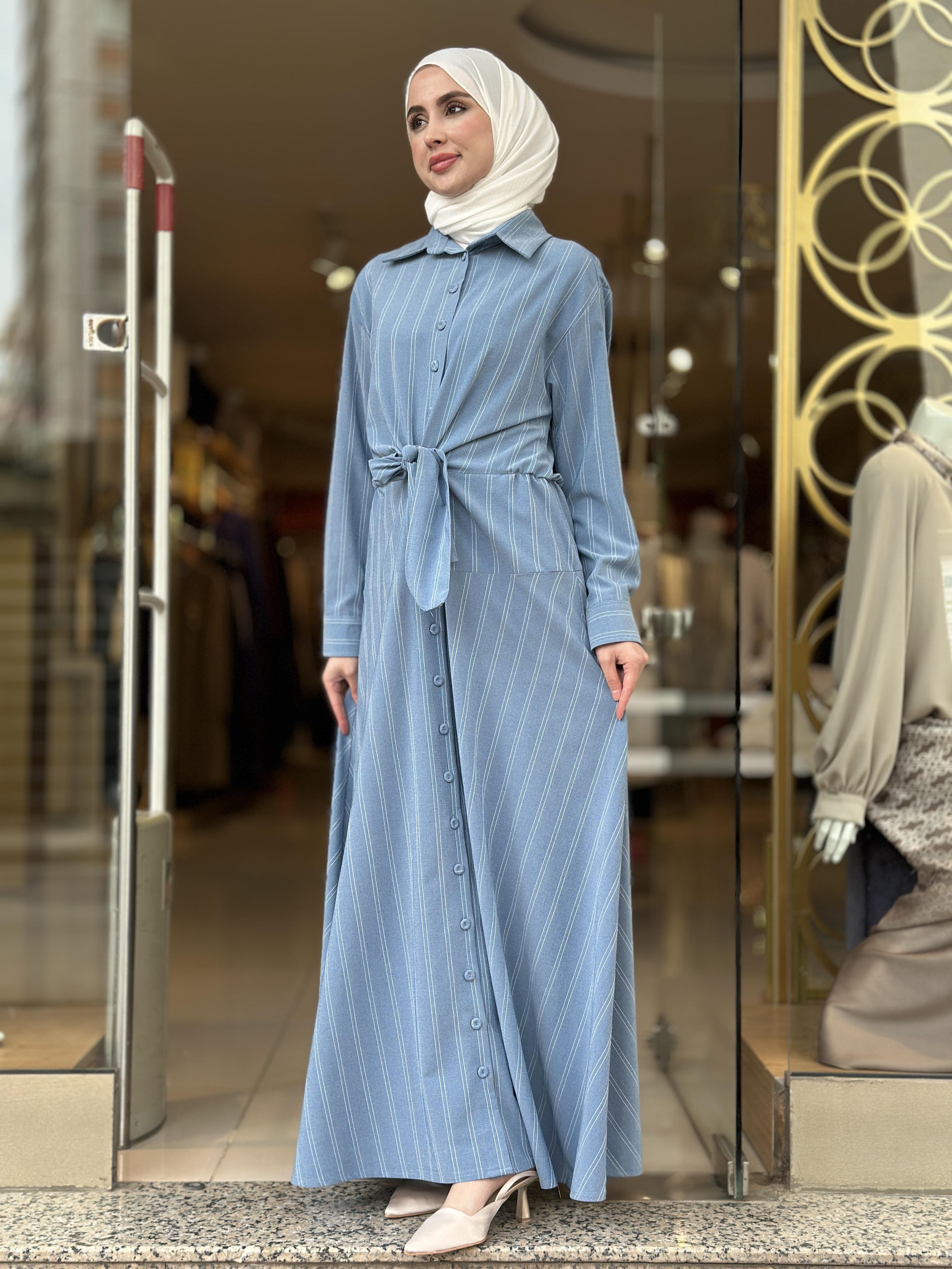 Cotton Viscon Belden Bağlamalı Elbise - Mavi