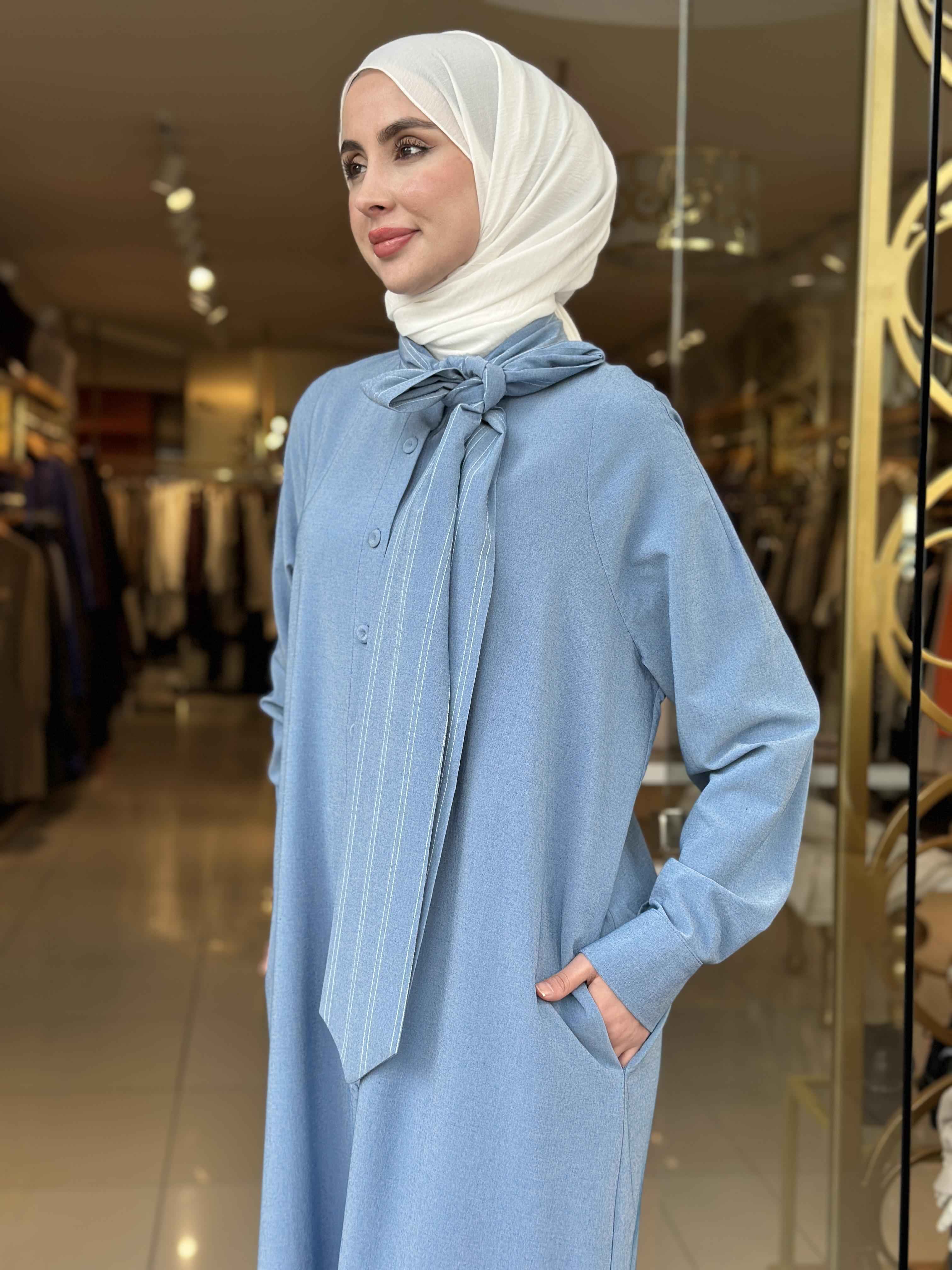 Cotton Viscon Çizgi Fularlı Elbise - Mavi