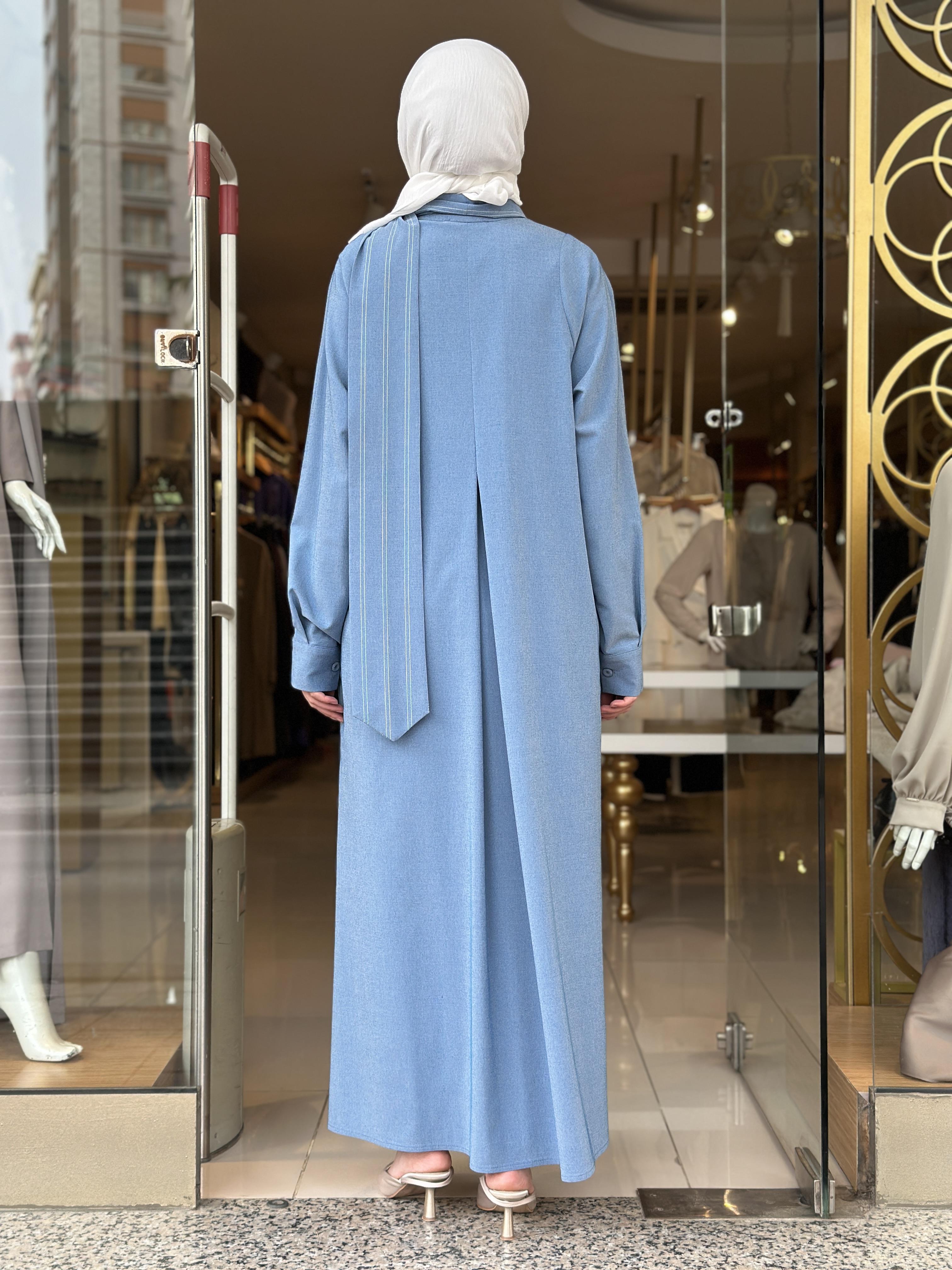 Cotton Viscon Çizgi Fularlı Elbise - Mavi
