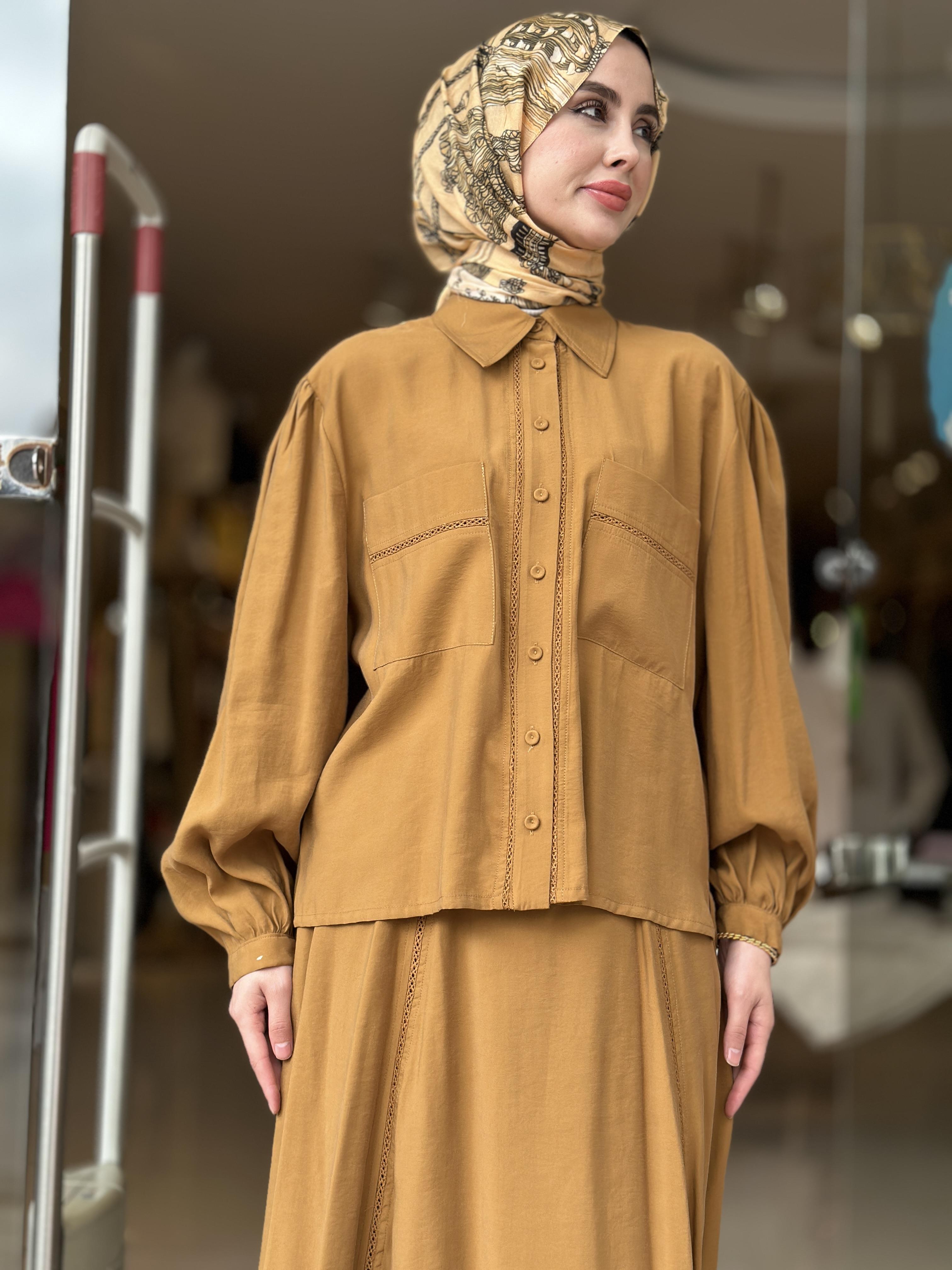 Dantel Biritli Gömlek Bluz Etek Tkm - Safran 