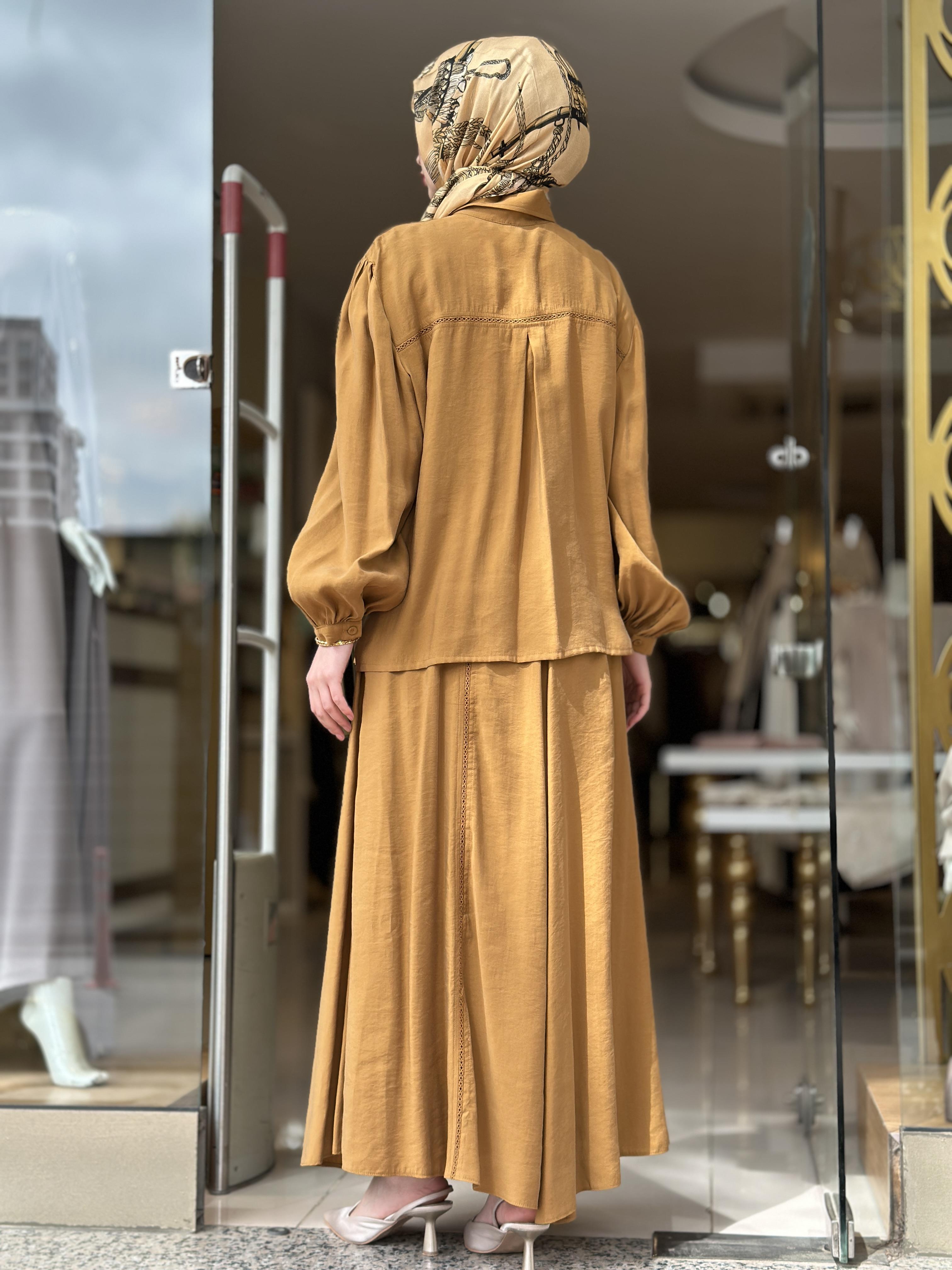 Dantel Biritli Gömlek Bluz Etek Tkm - Safran 