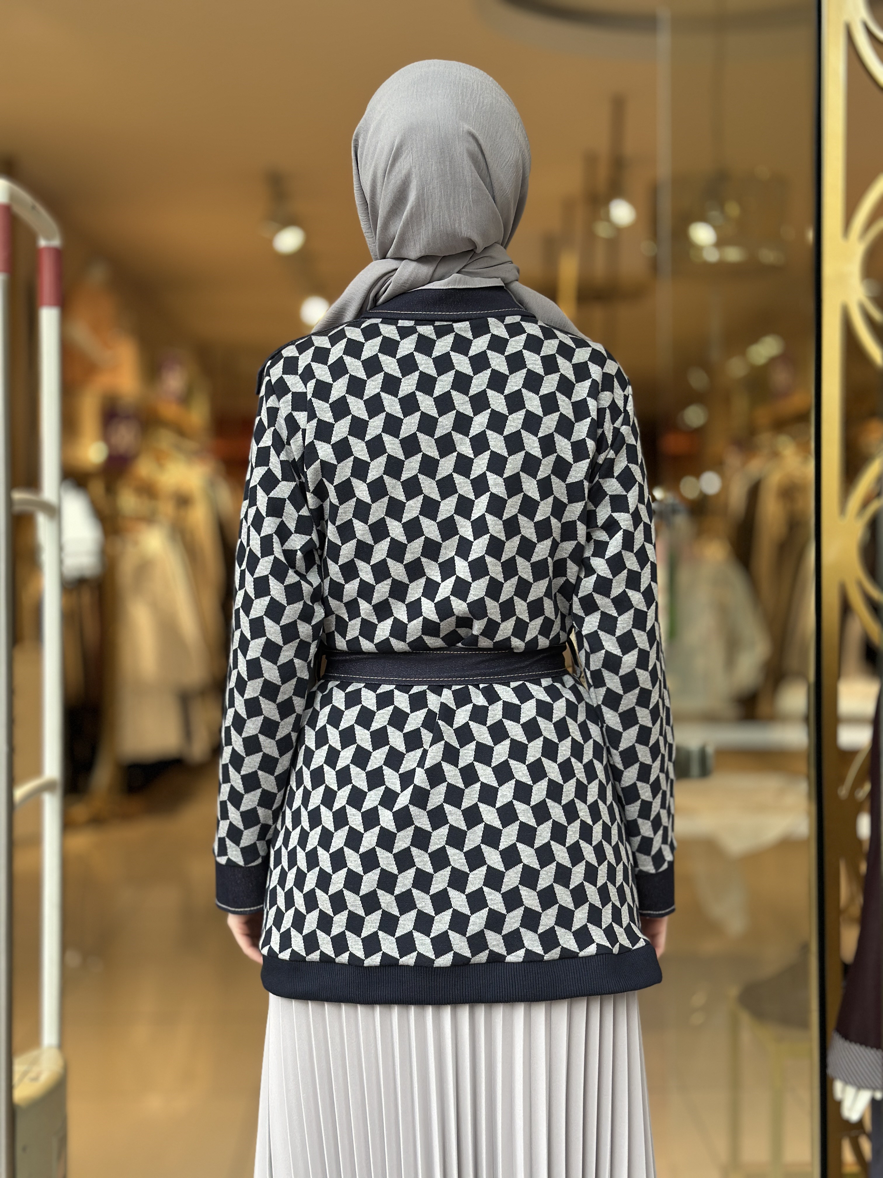Desenli Kuşaklı Triko Ceket - Lacivert