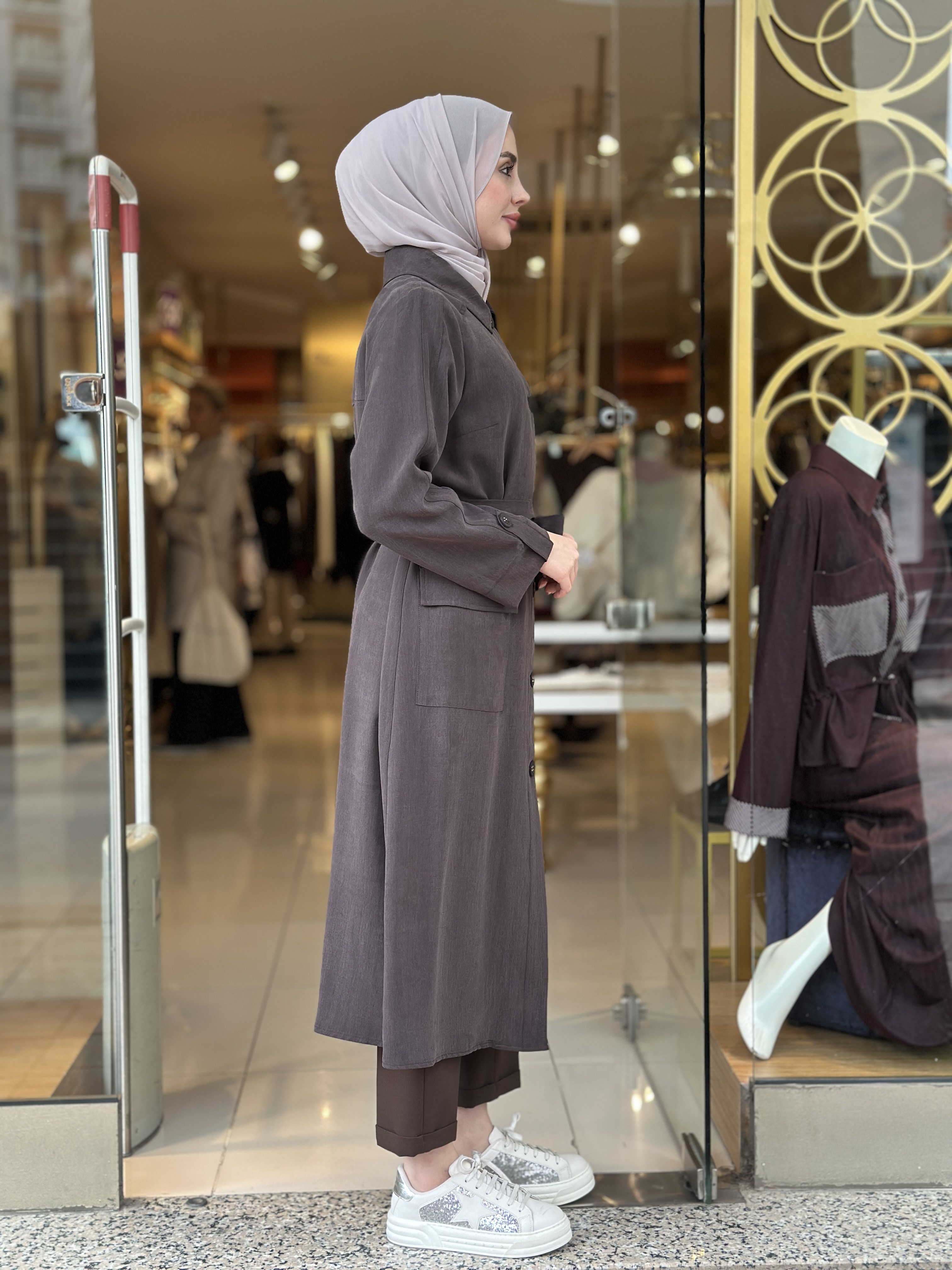 Düğme Detaylı Kap - Kahverengi