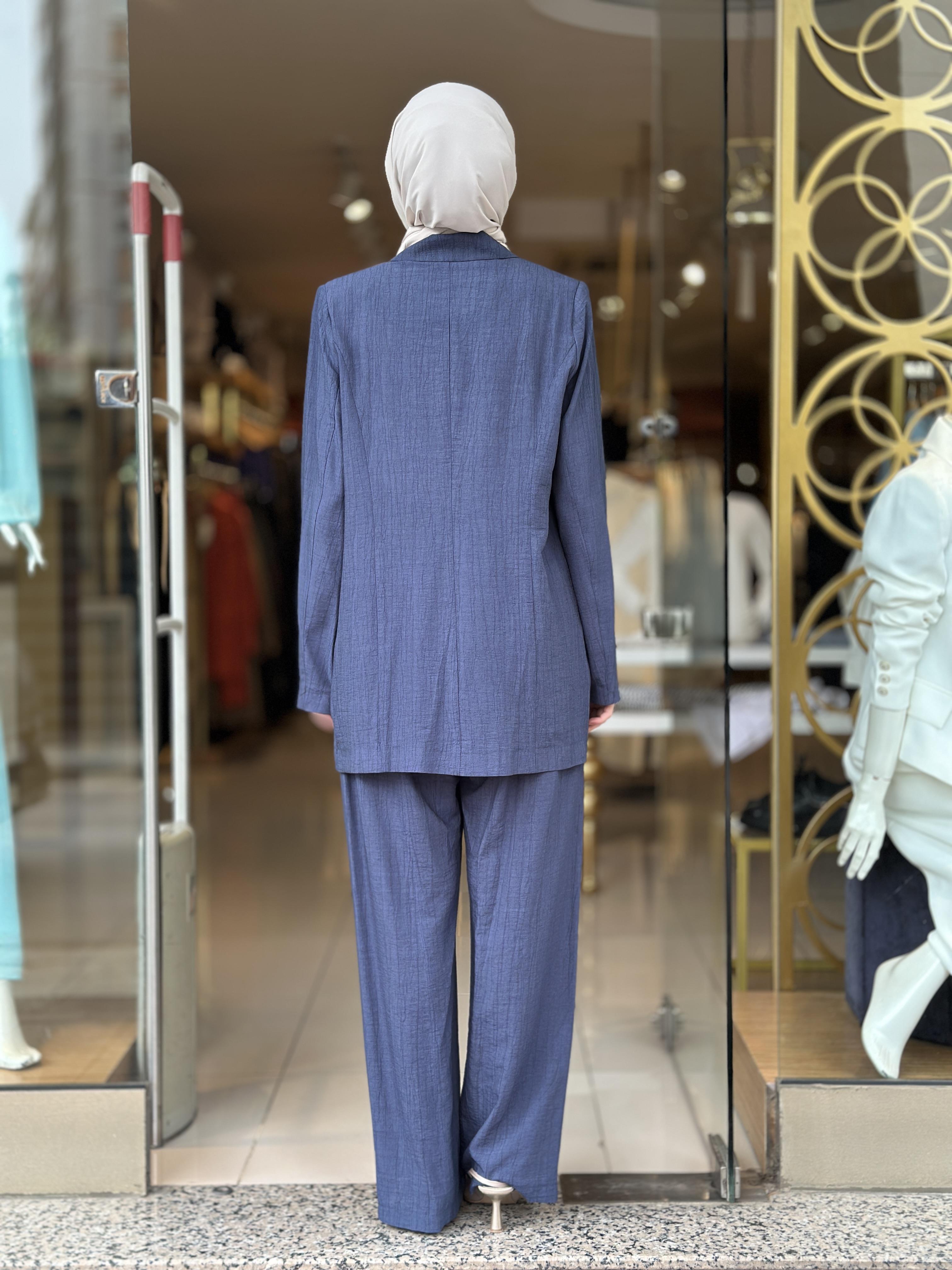 Fermuar Detaylı Blazer Takım - İndigo 