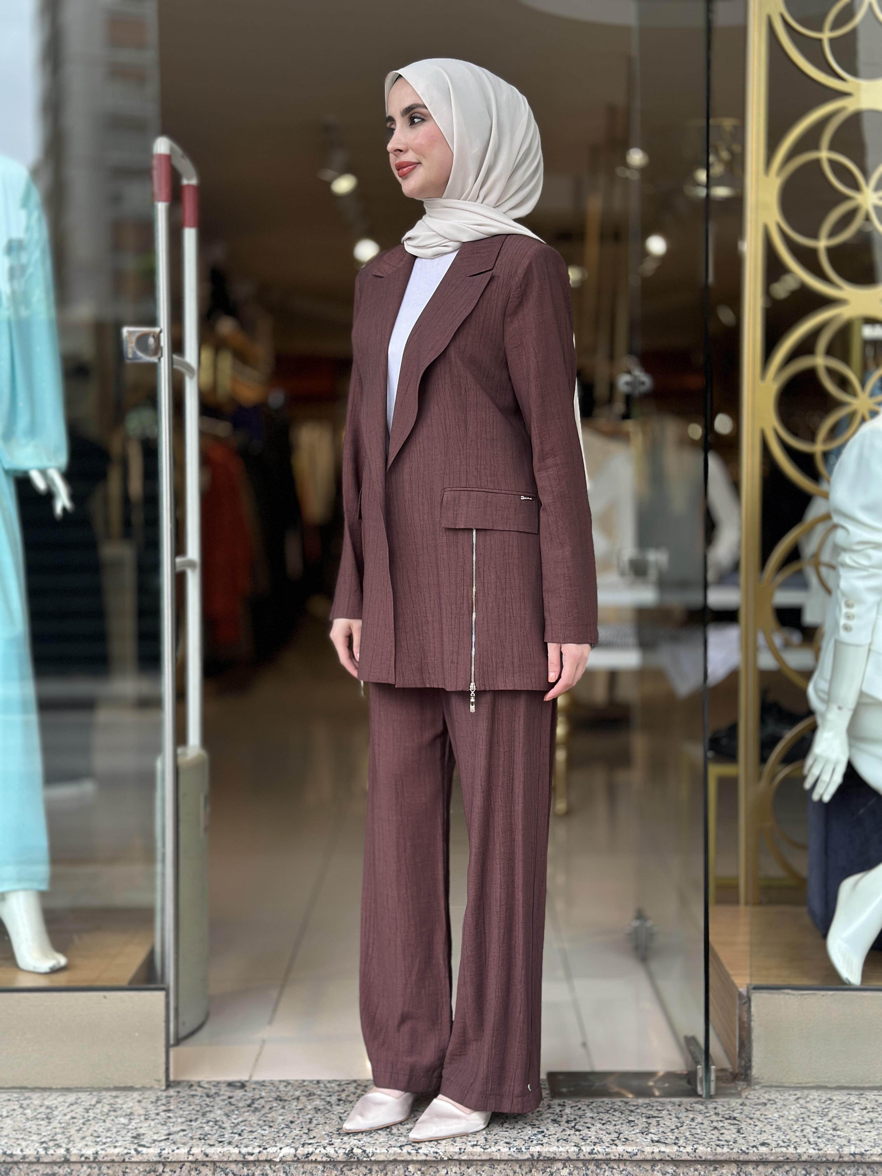 Fermuar Detaylı Blazer Takım - Kahverengi