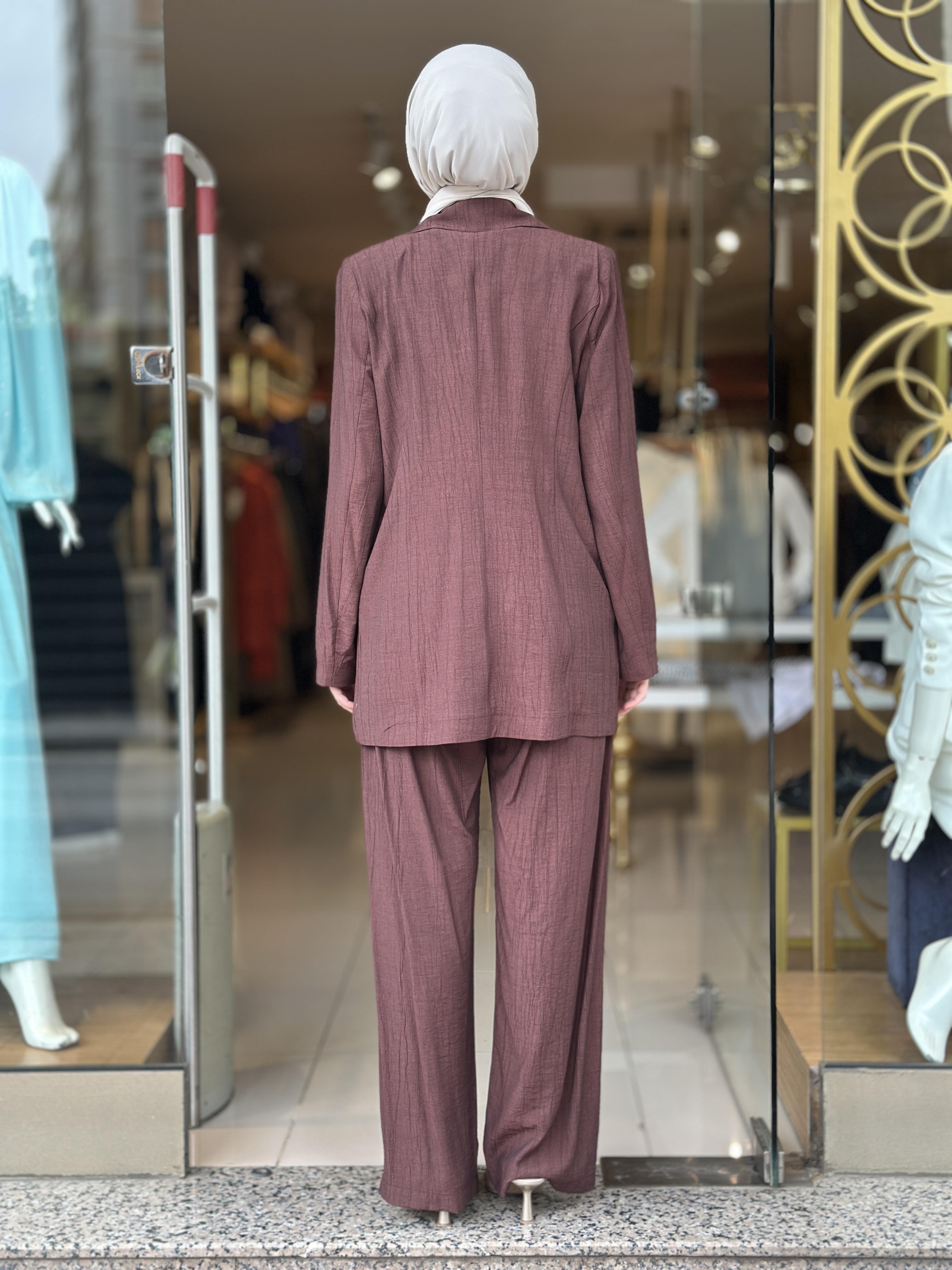 Fermuar Detaylı Blazer Takım - Kahverengi