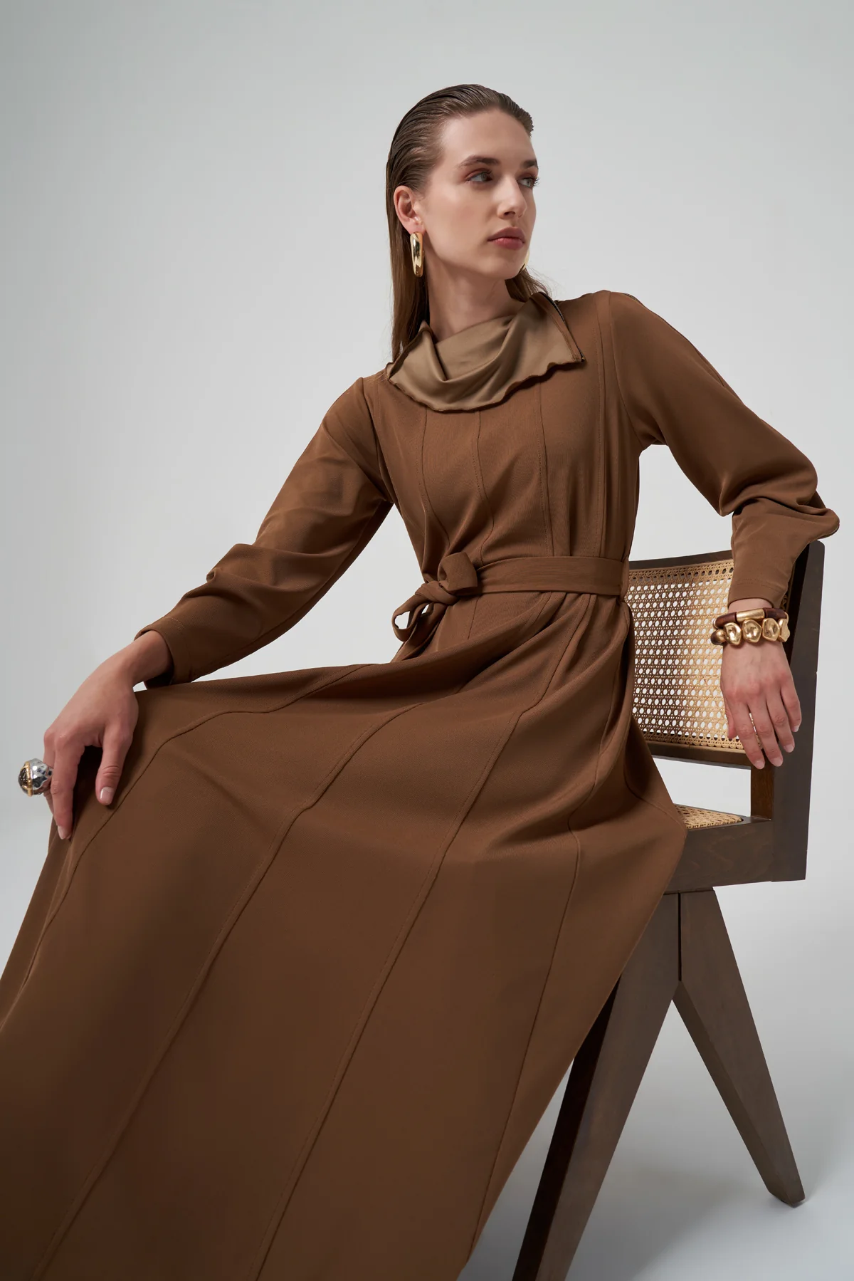 Fermuar Detaylı Elbise - Camel