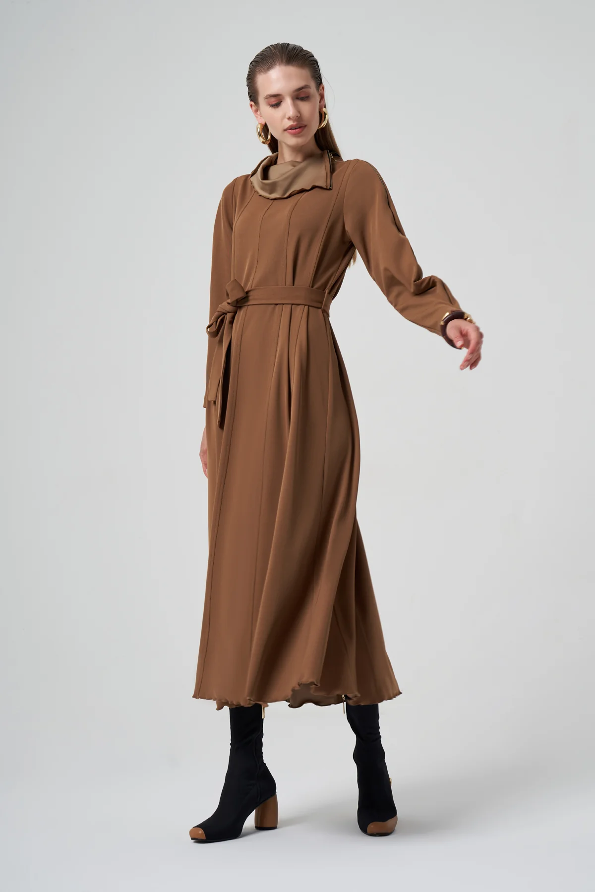 Fermuar Detaylı Elbise - Camel