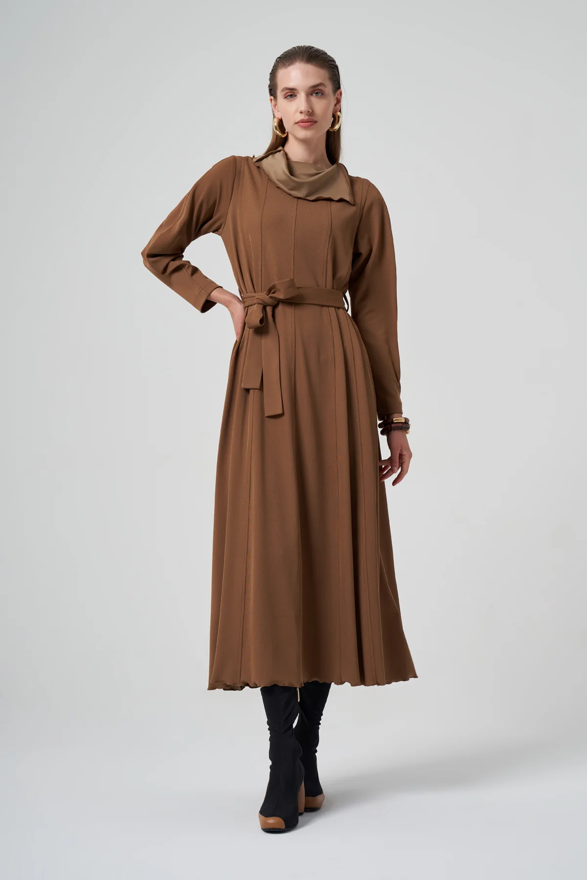 Fermuar Detaylı Elbise - Camel