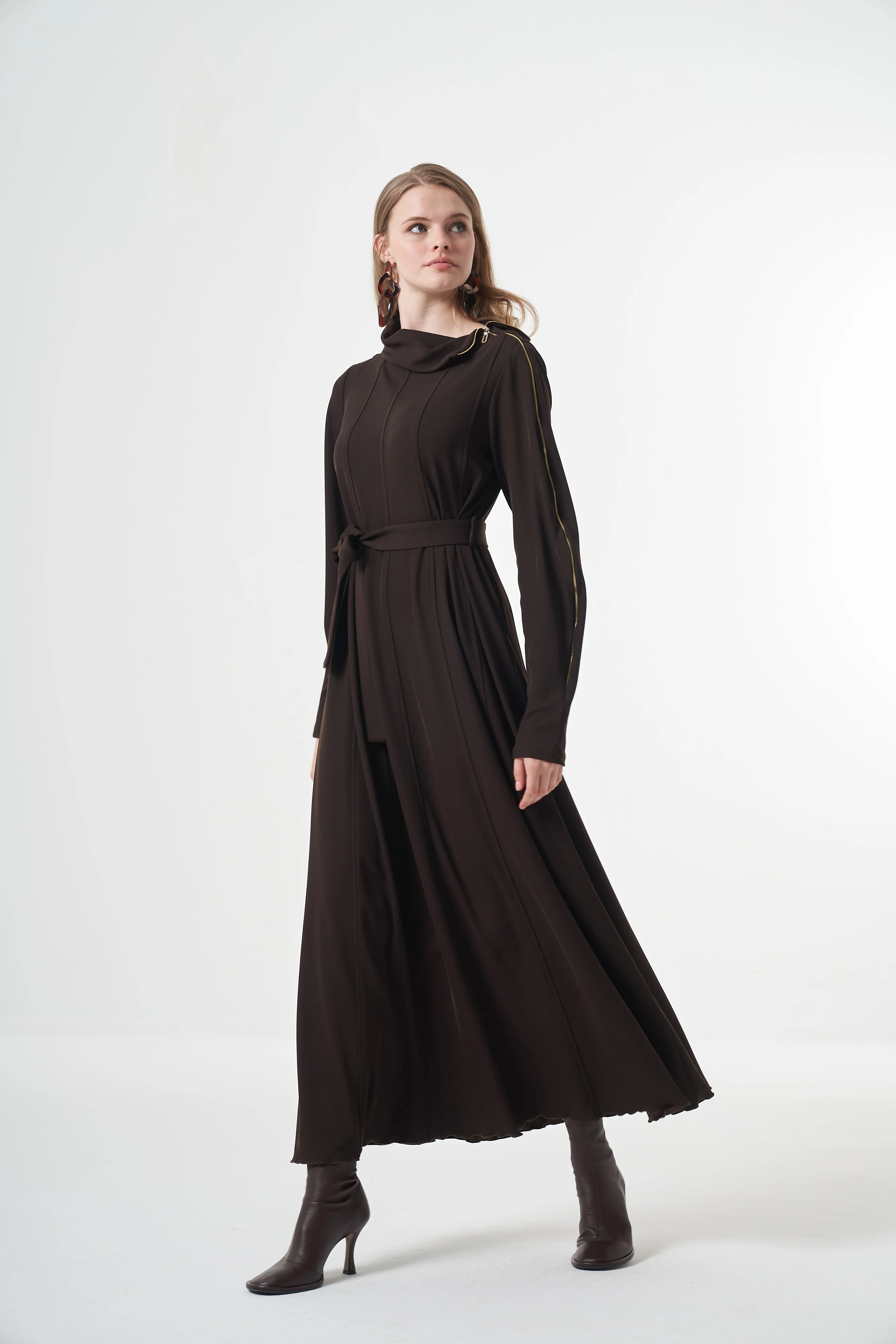 Fermuar Detaylı Elbise - Kahve