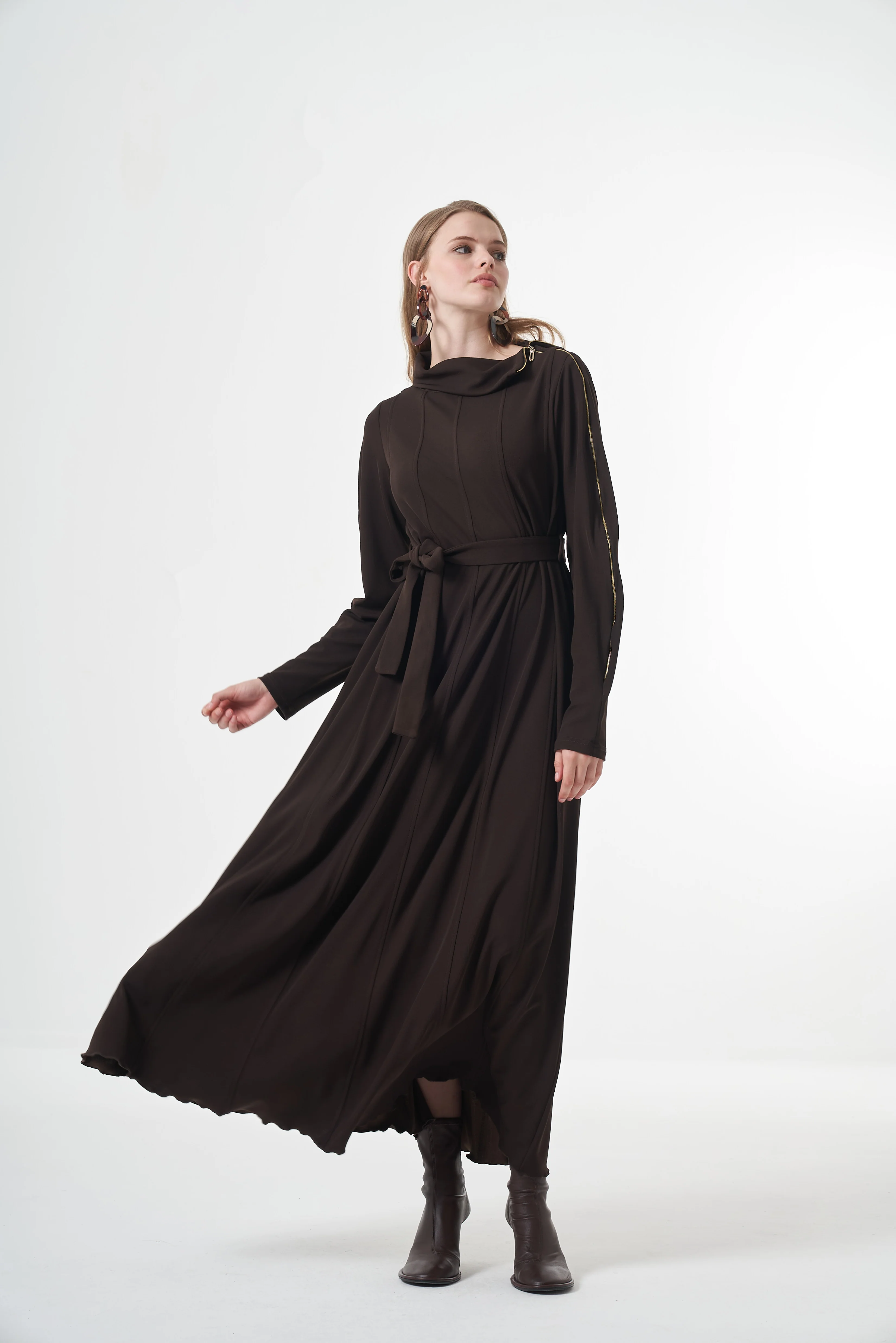 Fermuar Detaylı Elbise - Kahve