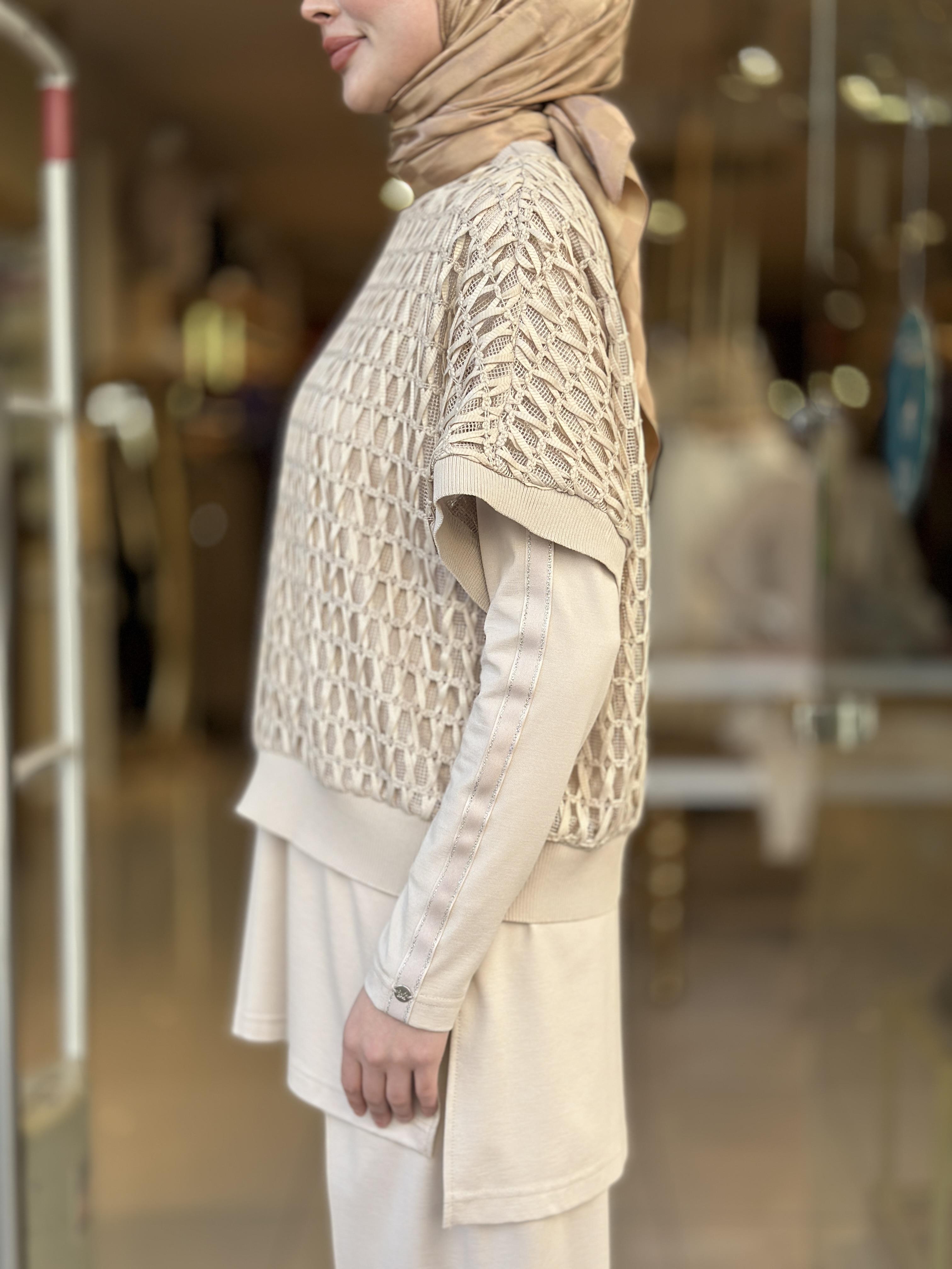 File Bluzlu Pamuklu Üçlü Takım - Bej