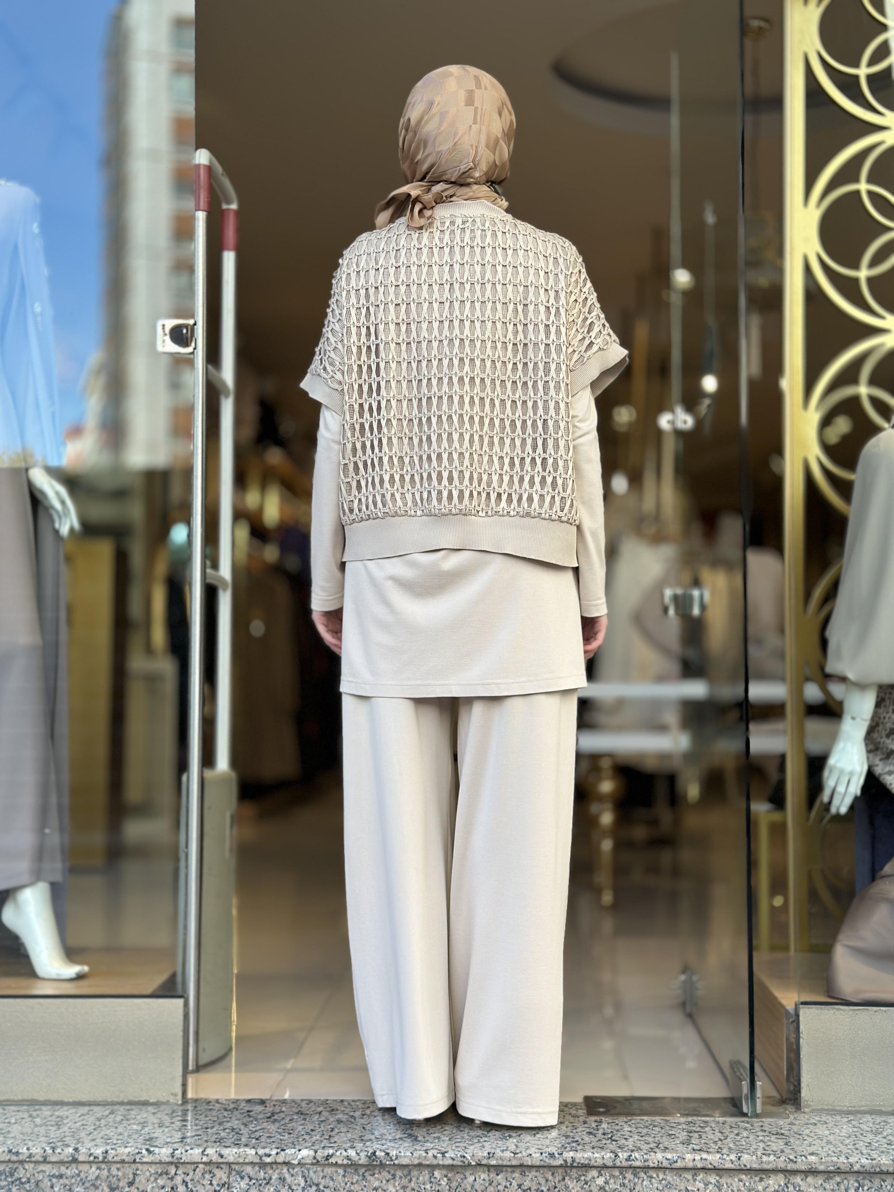 File Bluzlu Pamuklu Üçlü Takım - Bej