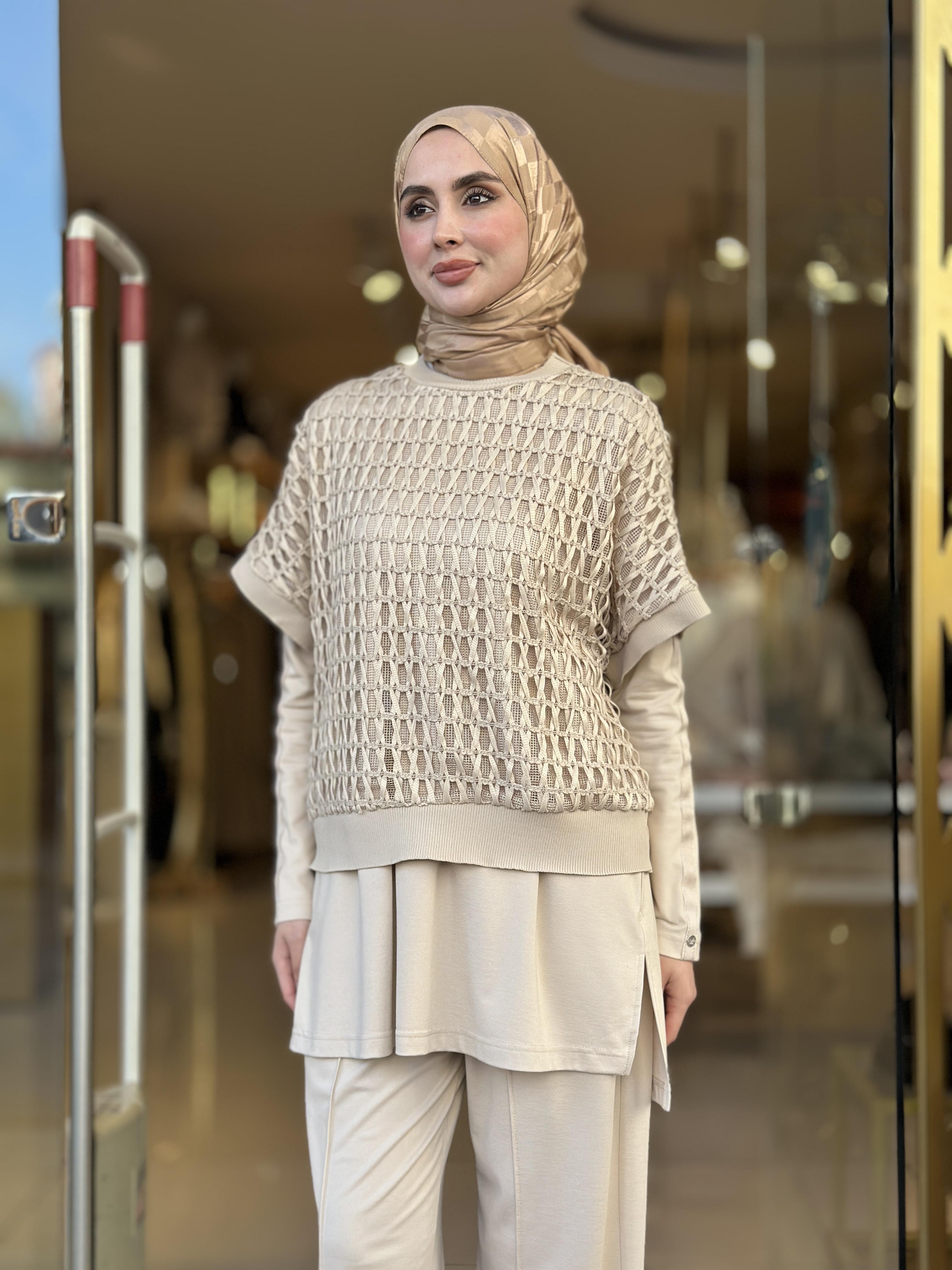 File Bluzlu Pamuklu Üçlü Takım - Bej