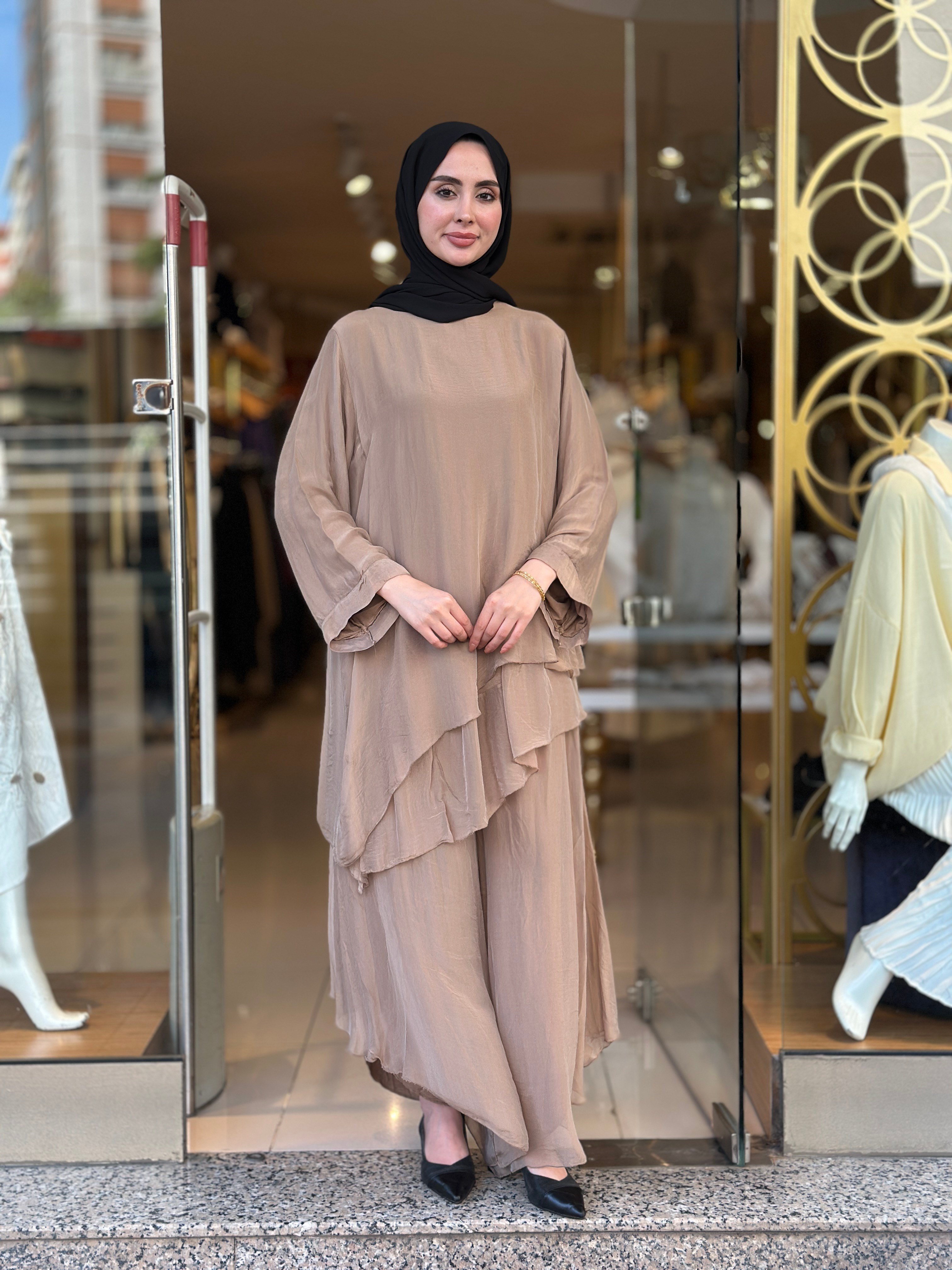 İthal İpek Nice Pantolonlu Takım - Camel