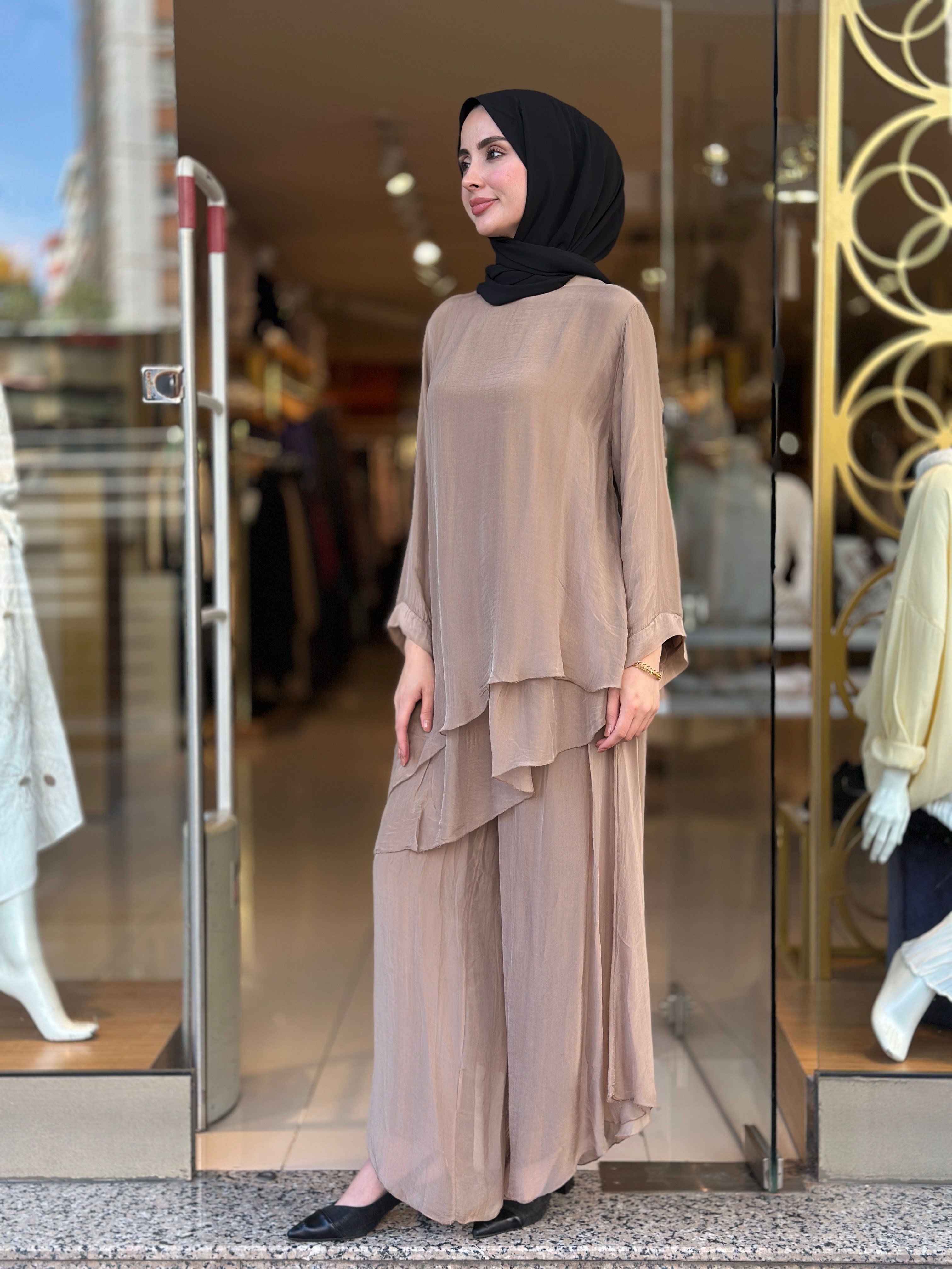 İthal İpek Nice Pantolonlu Takım - Camel