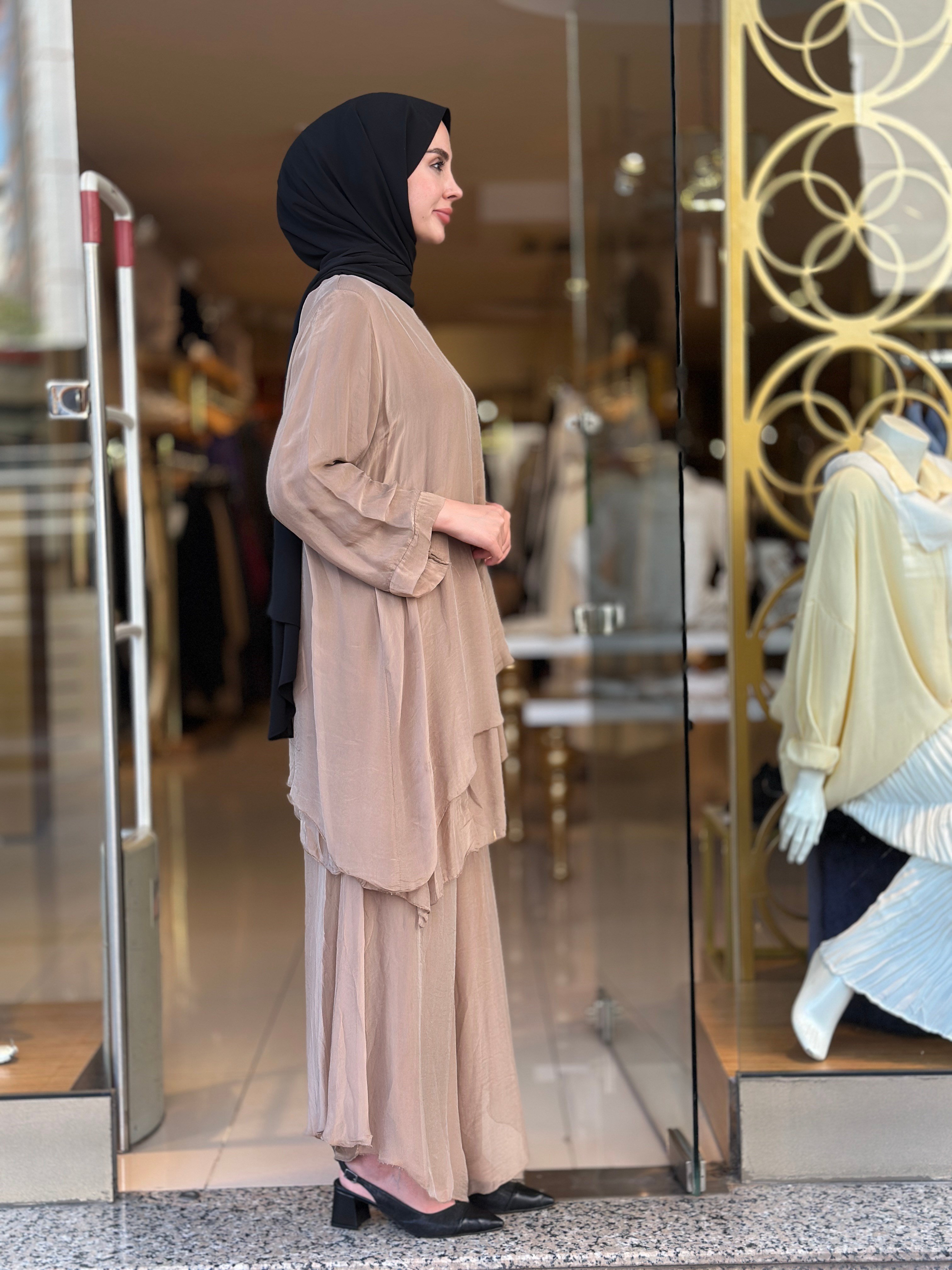 İthal İpek Nice Pantolonlu Takım - Camel