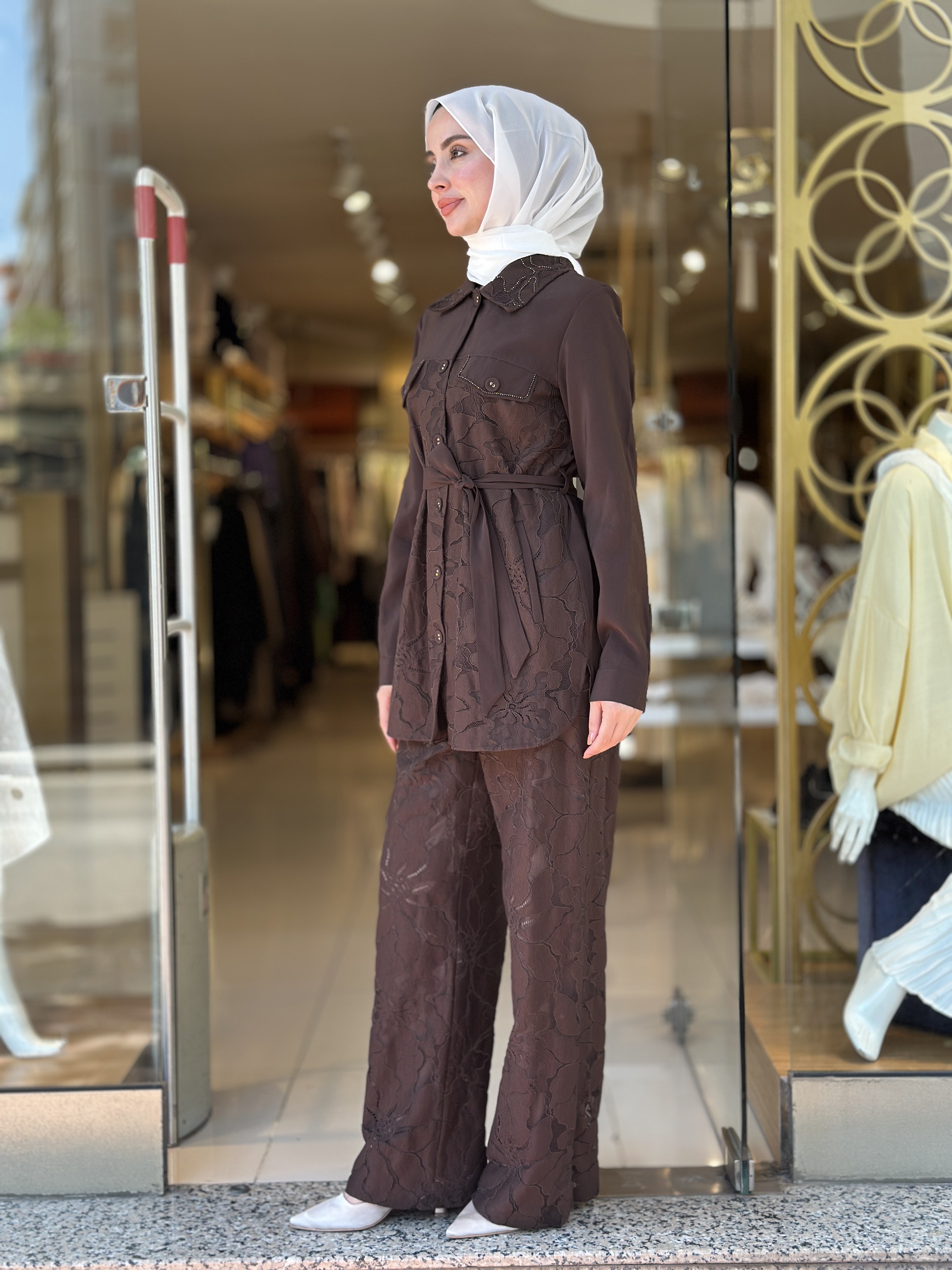 Kabartmalı Dantel Takım - Kahverengi 