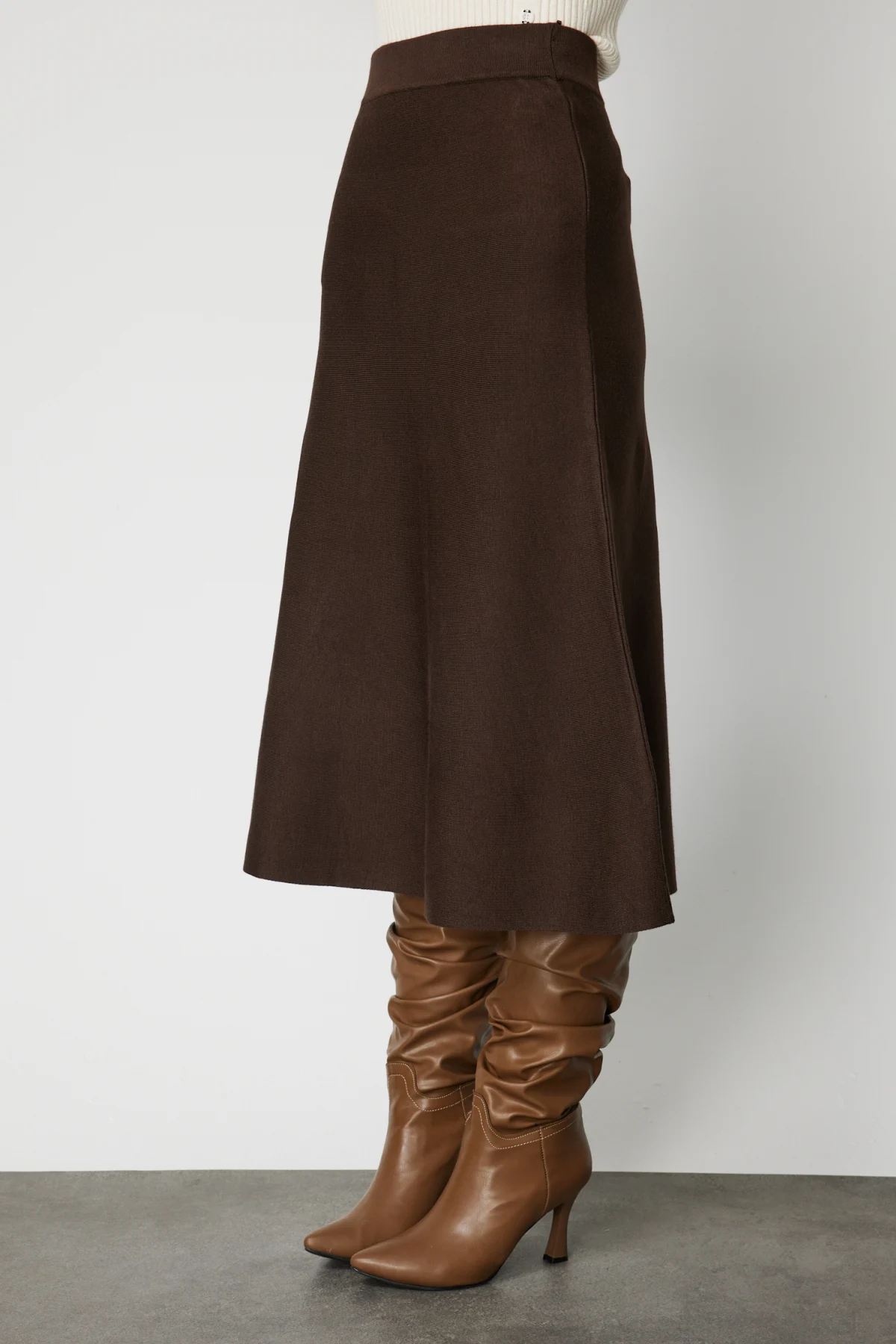 Kalın Bel Triko Etek - Kahverengi