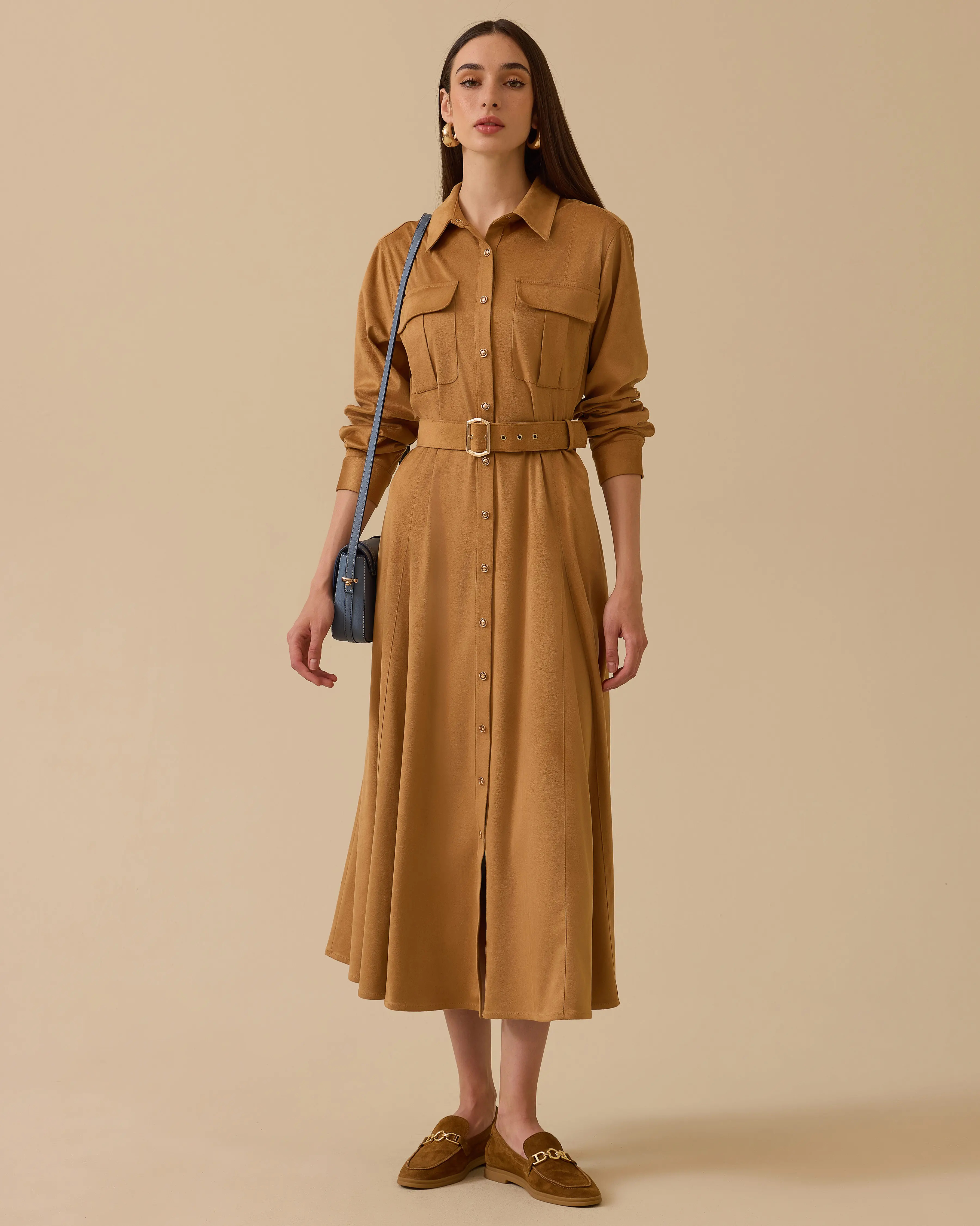 Kemerli Süet Elbise - Camel