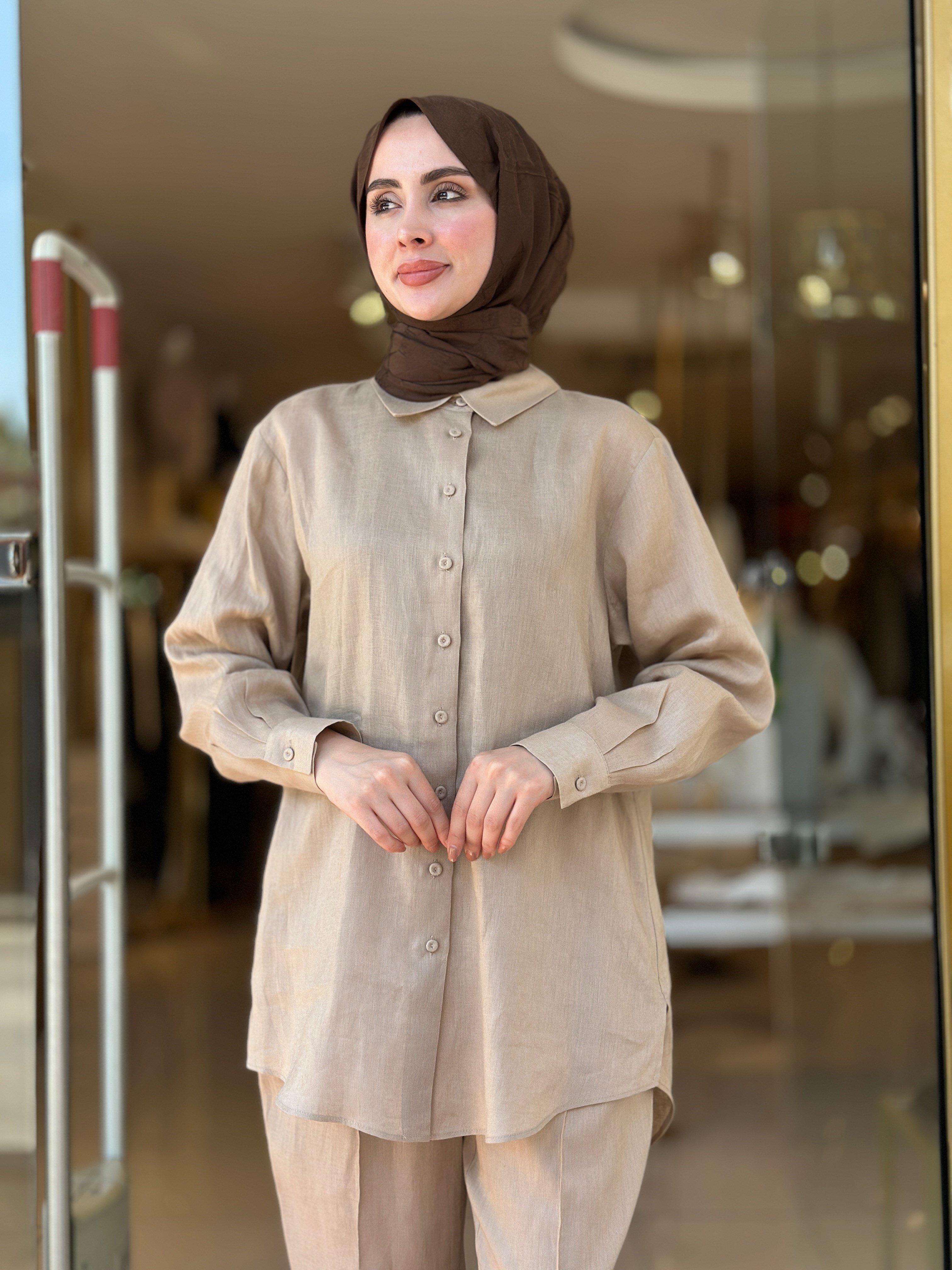 Keten Pantolonlu Takım - Camel 