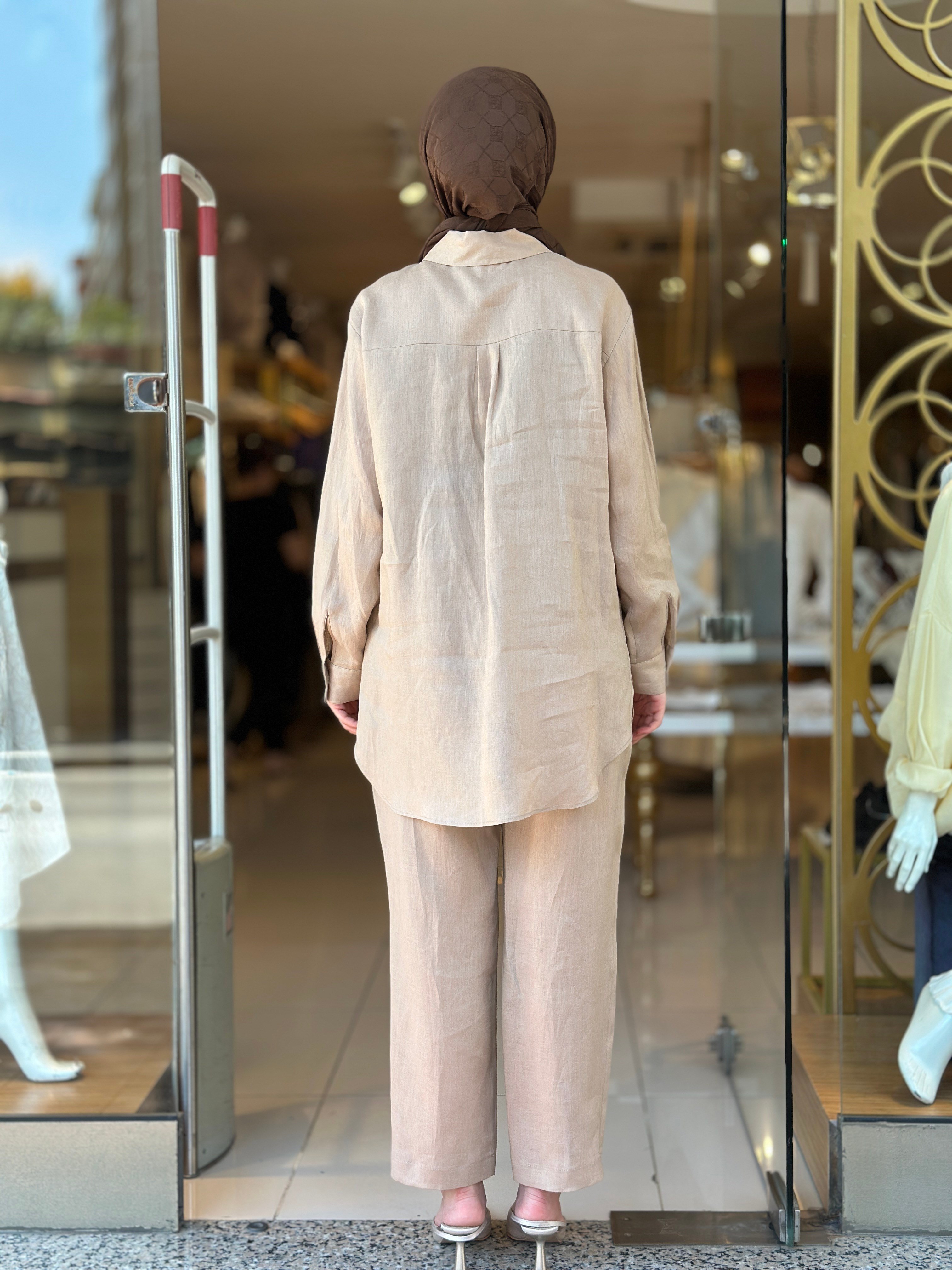 Keten Pantolonlu Takım - Camel 