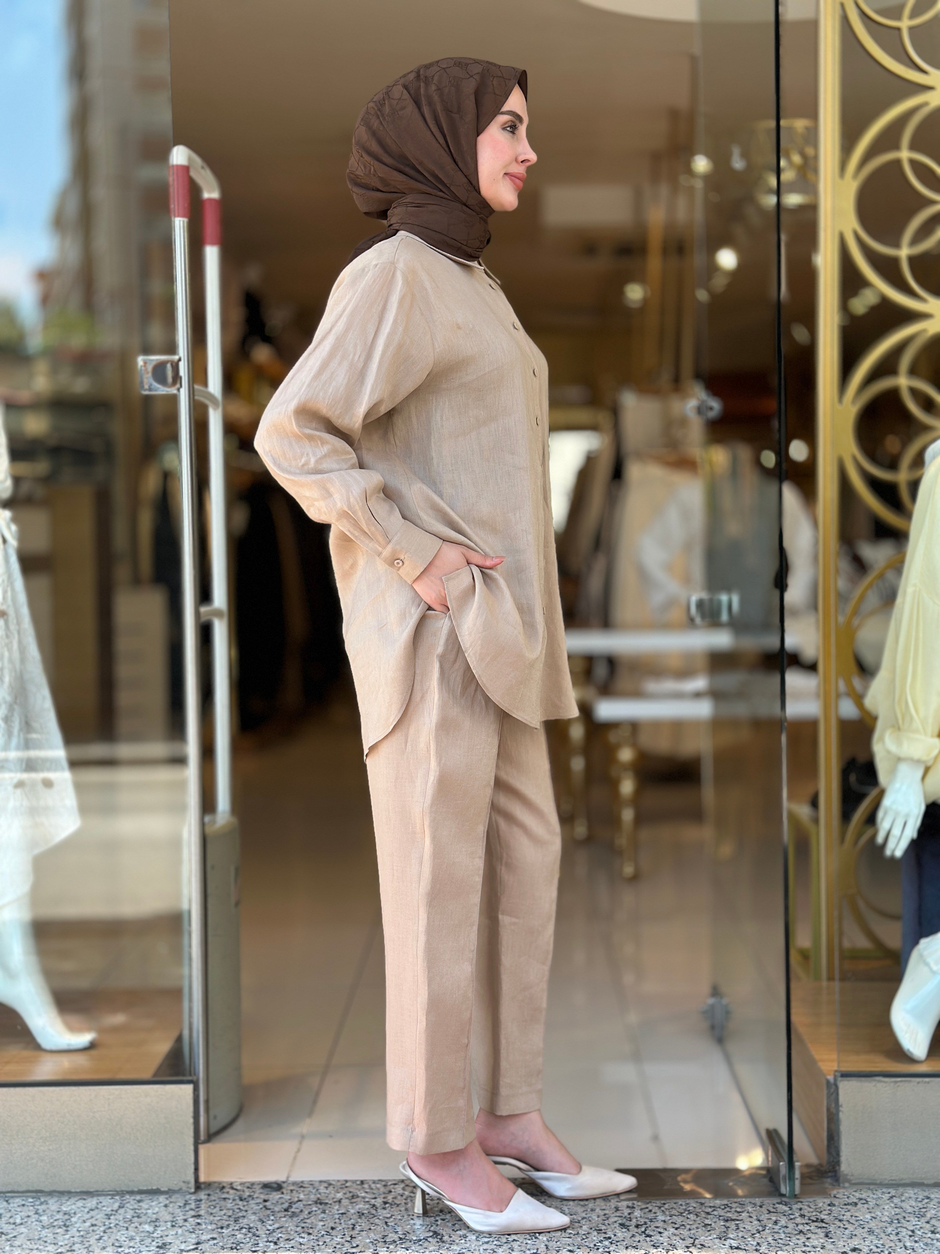 Keten Pantolonlu Takım - Camel 