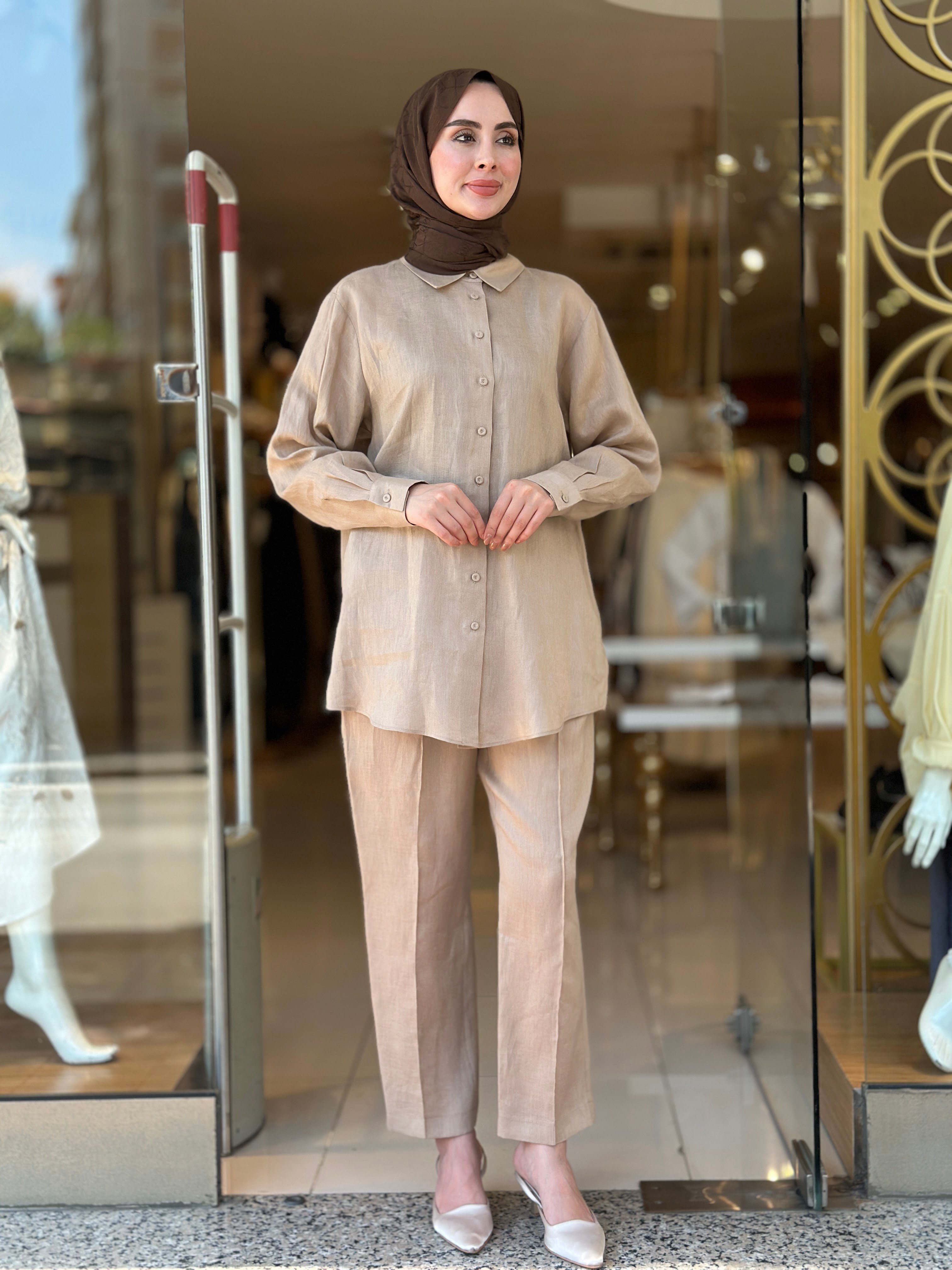 Keten Pantolonlu Takım - Camel 