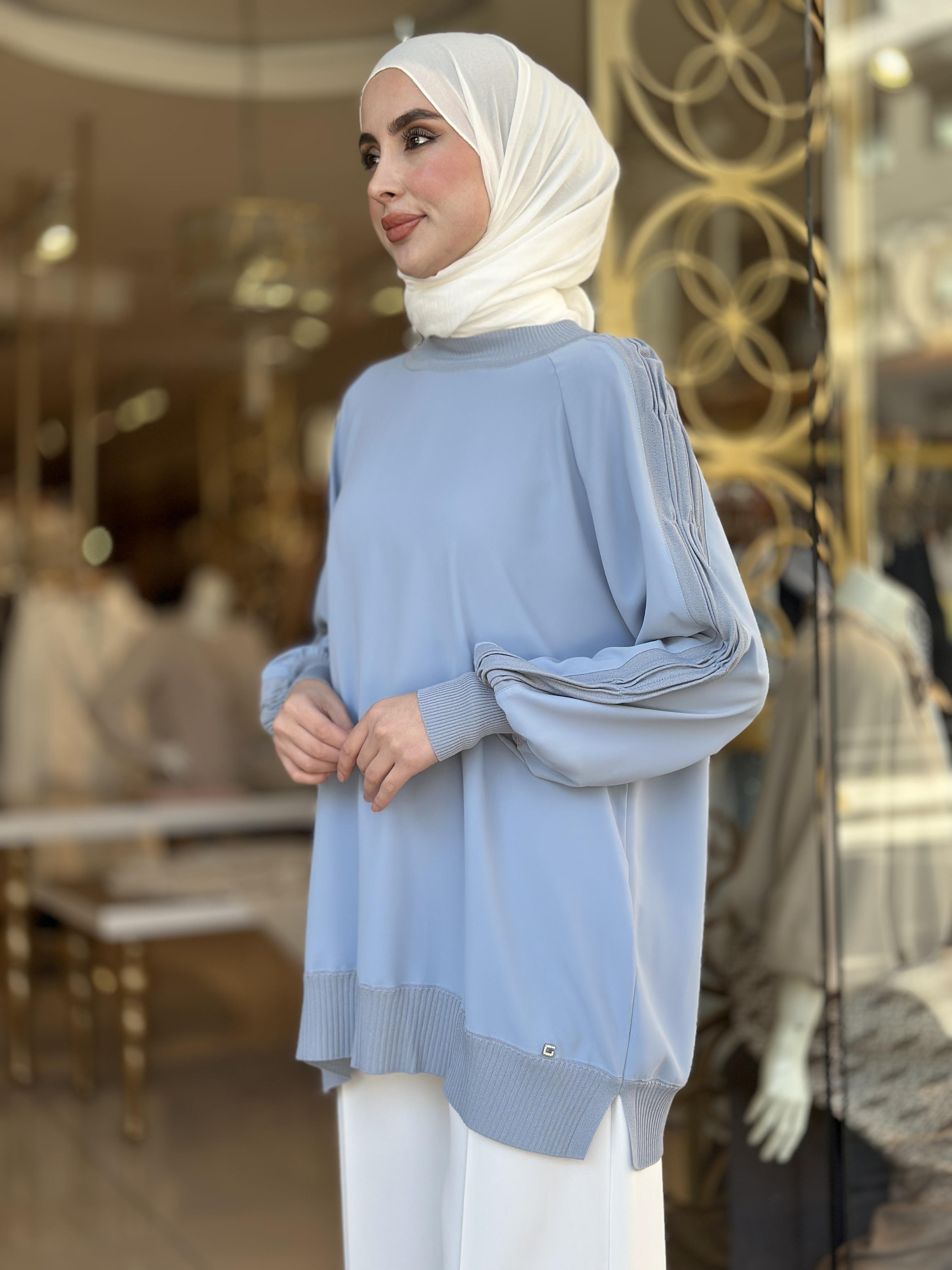 Kol Merserize Detay Tunik - Mavi