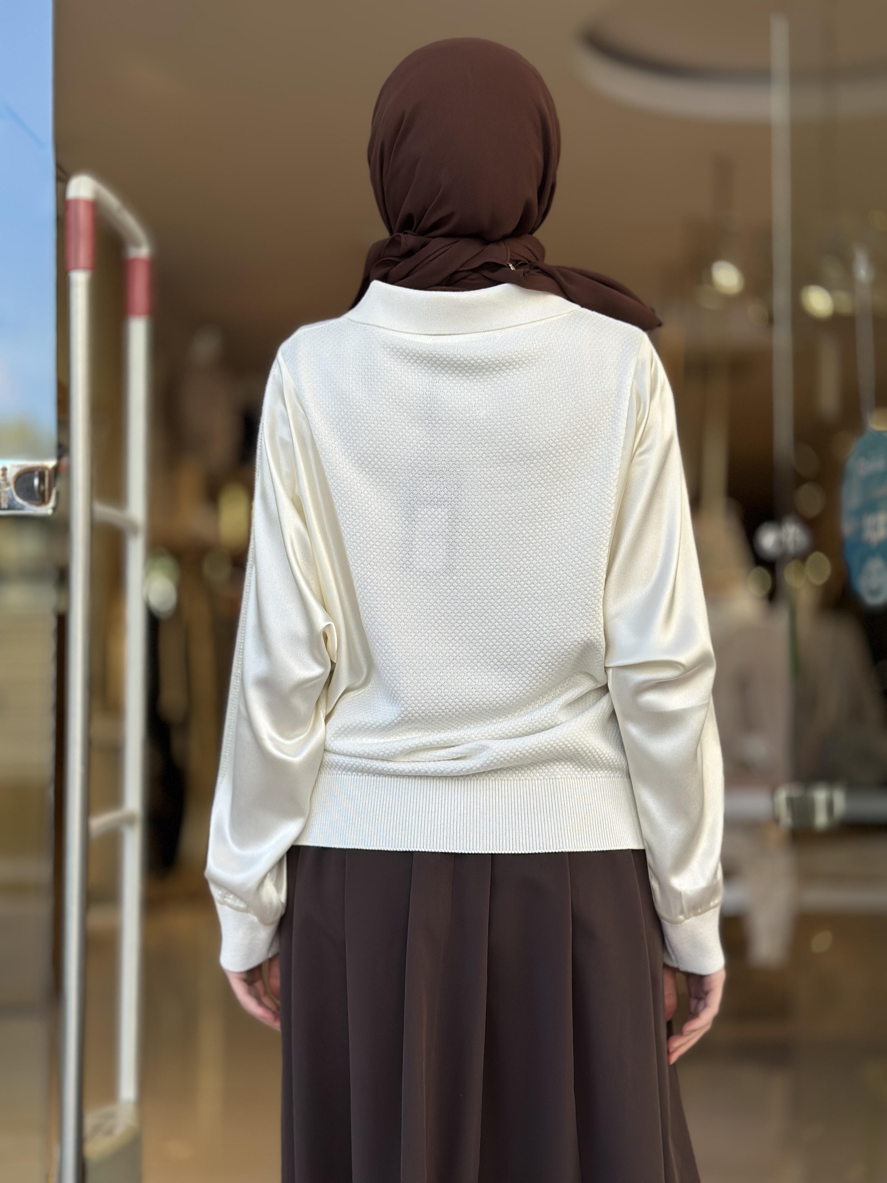 Kol Taş İşlemeli Saten Merserize Tunik - Kemik