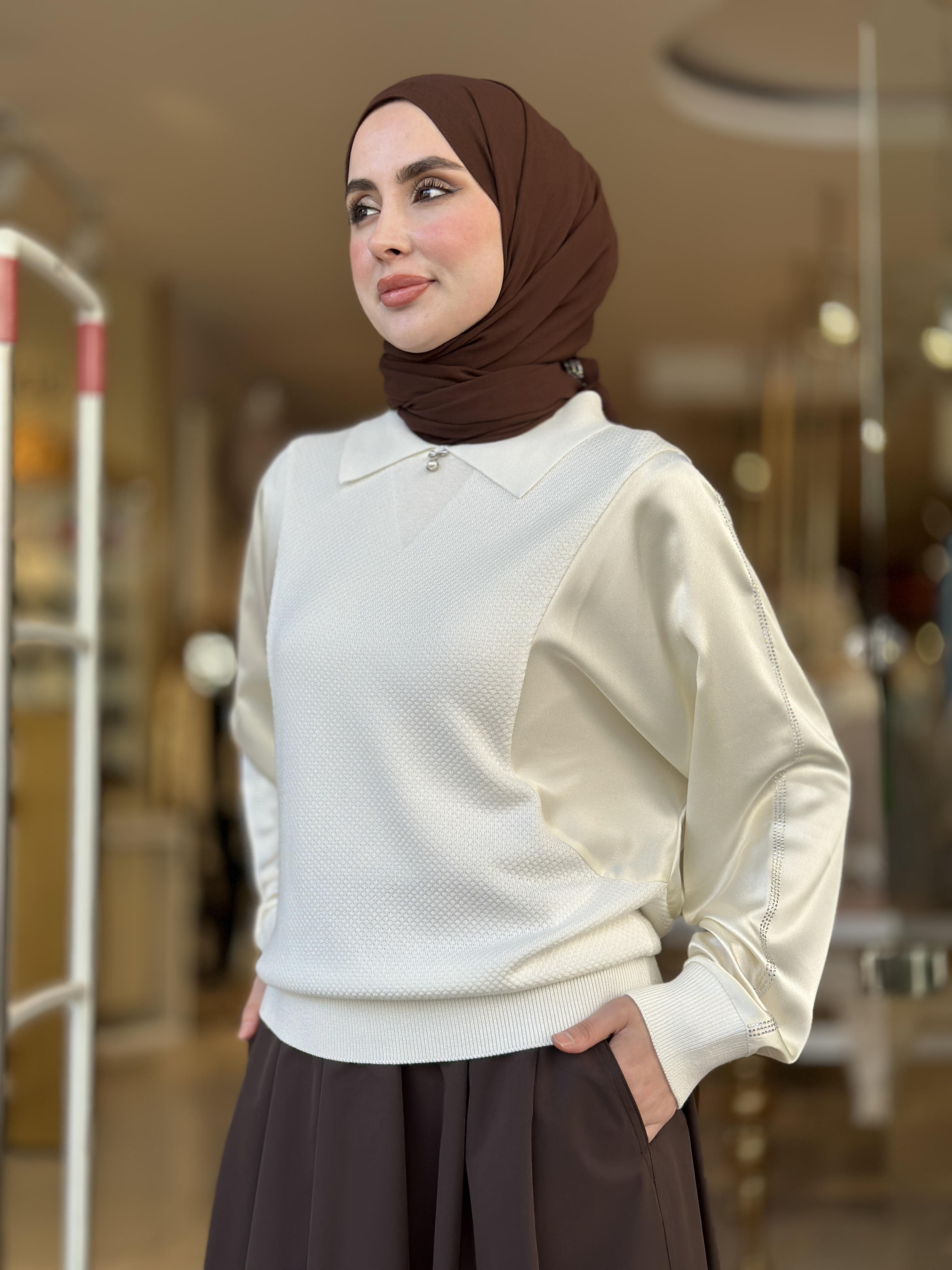 Kol Taş İşlemeli Saten Merserize Tunik - Kemik