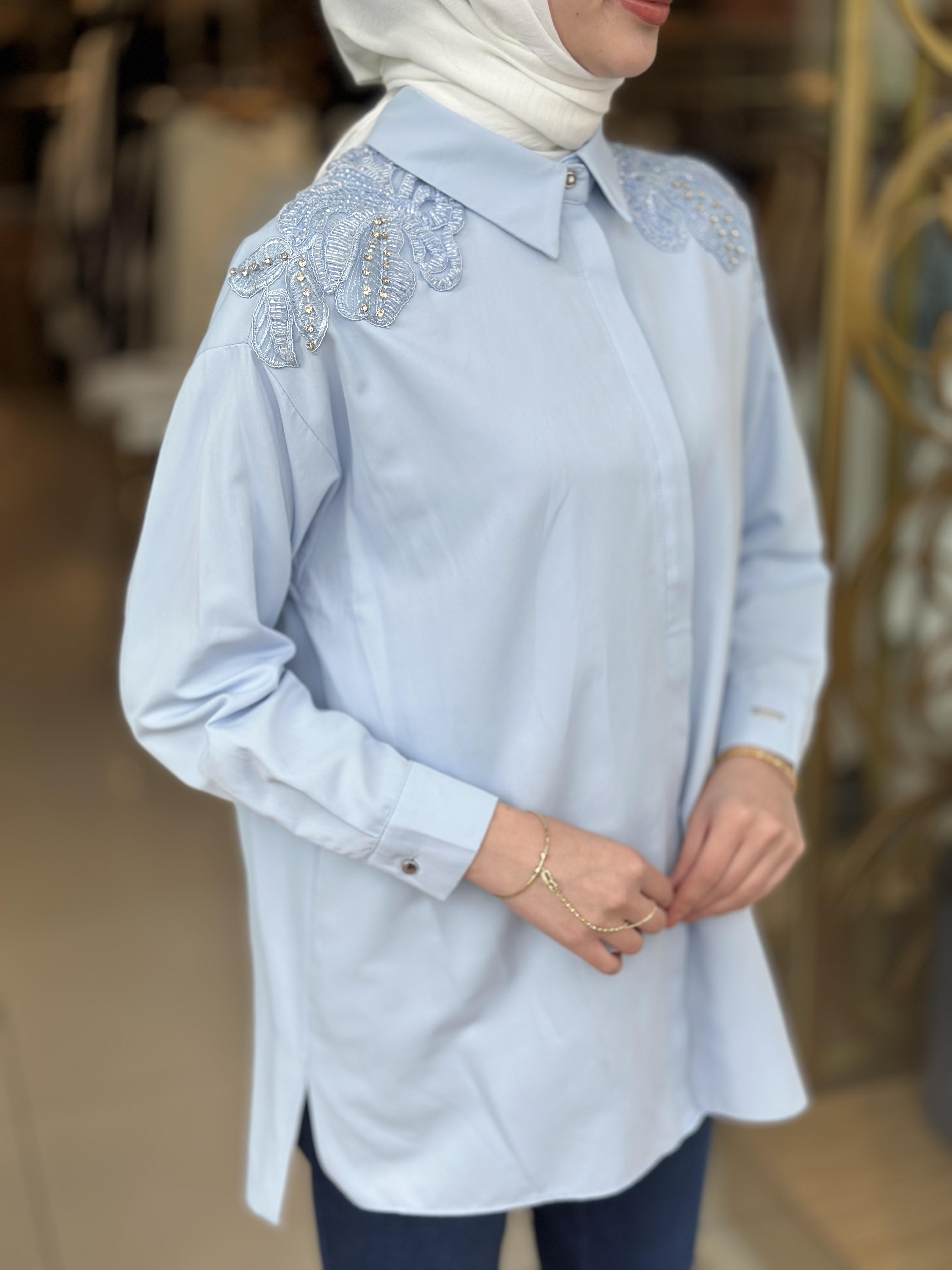 Kristal Boncuk İşlemeli Gömlek - Bebe Mavisi