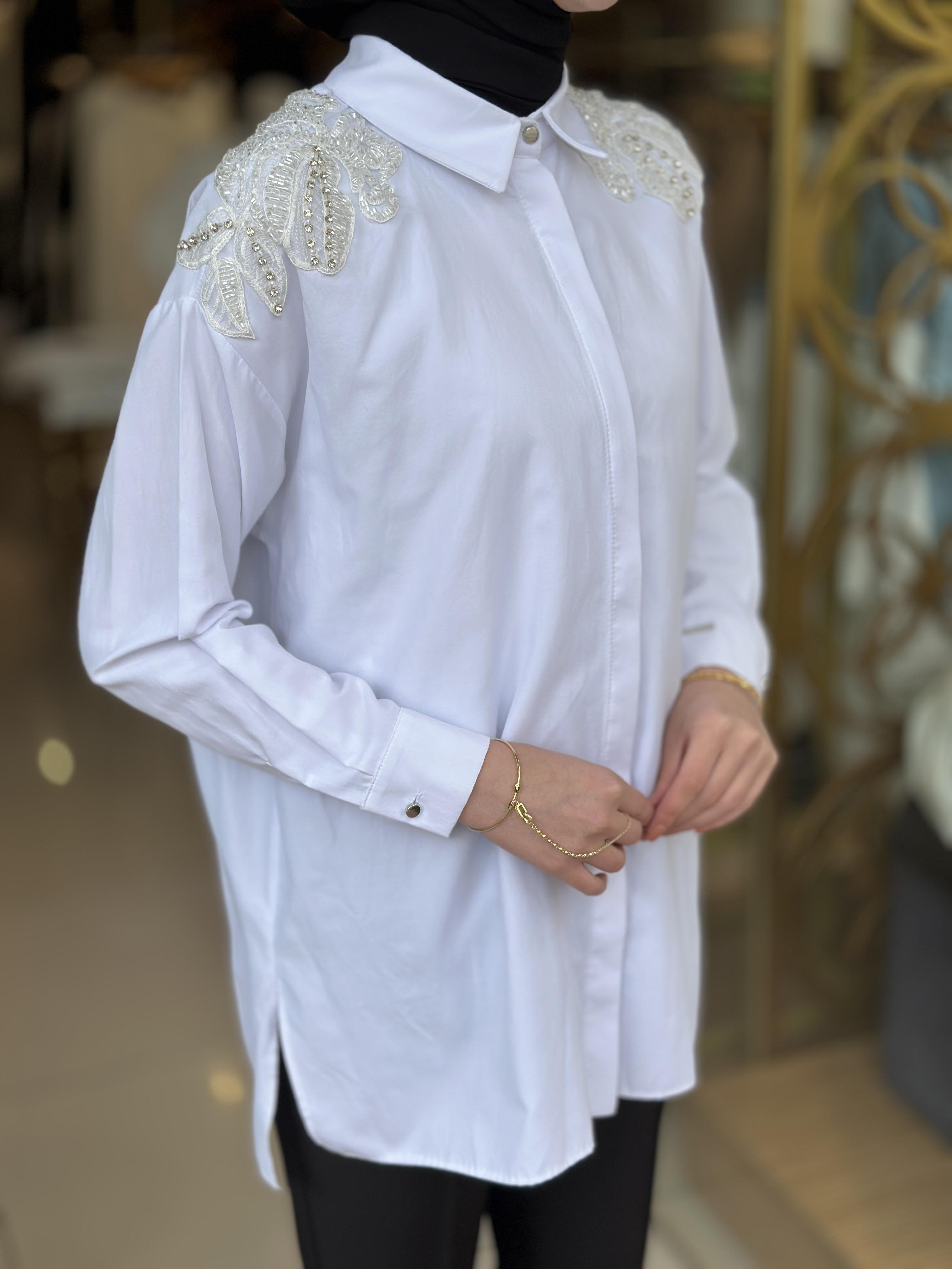 Kristal Boncuk İşlemeli Gömlek - Beyaz
