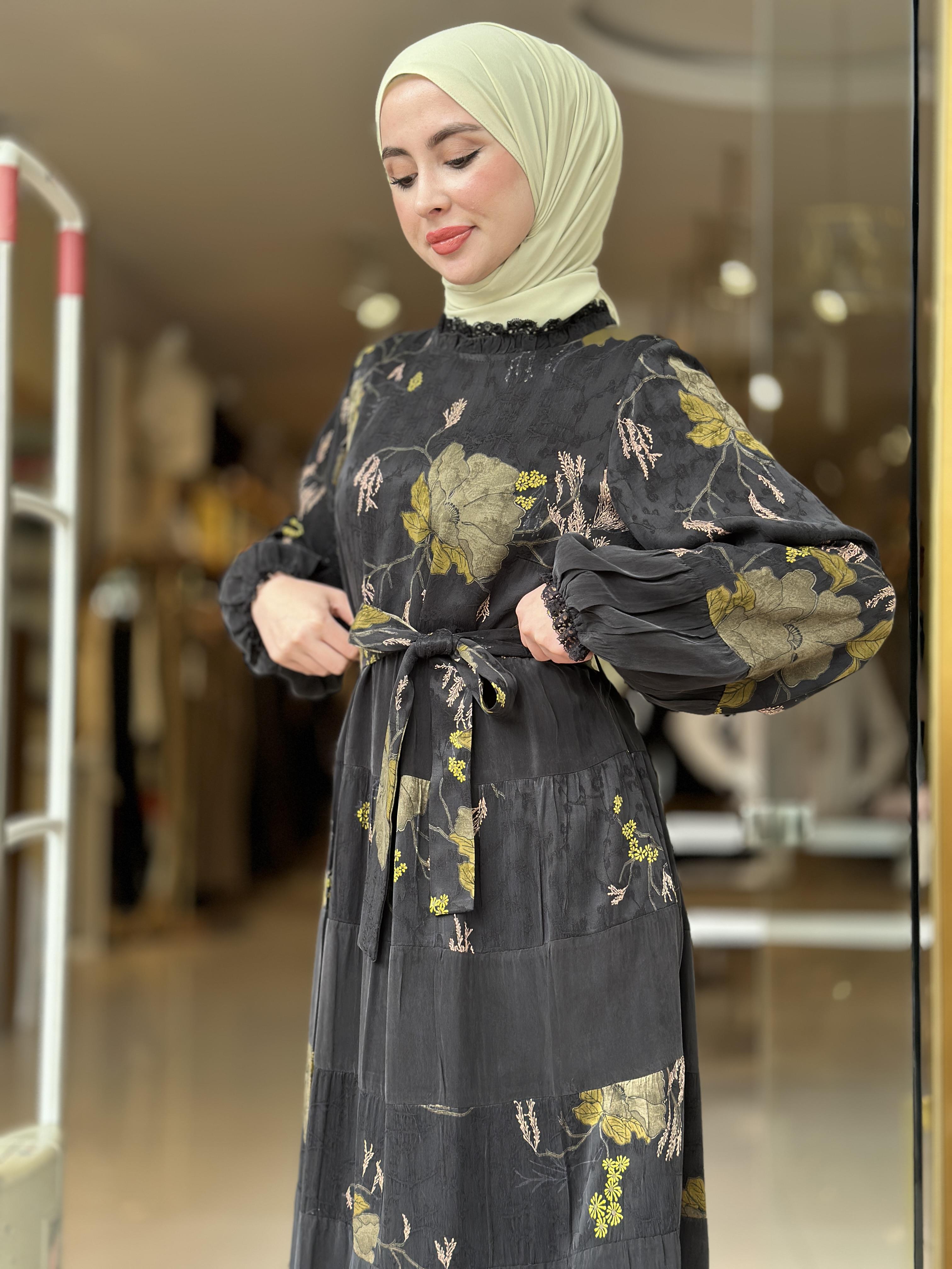 Misswhence Desenli İpek Cupra Elbise - Siyah