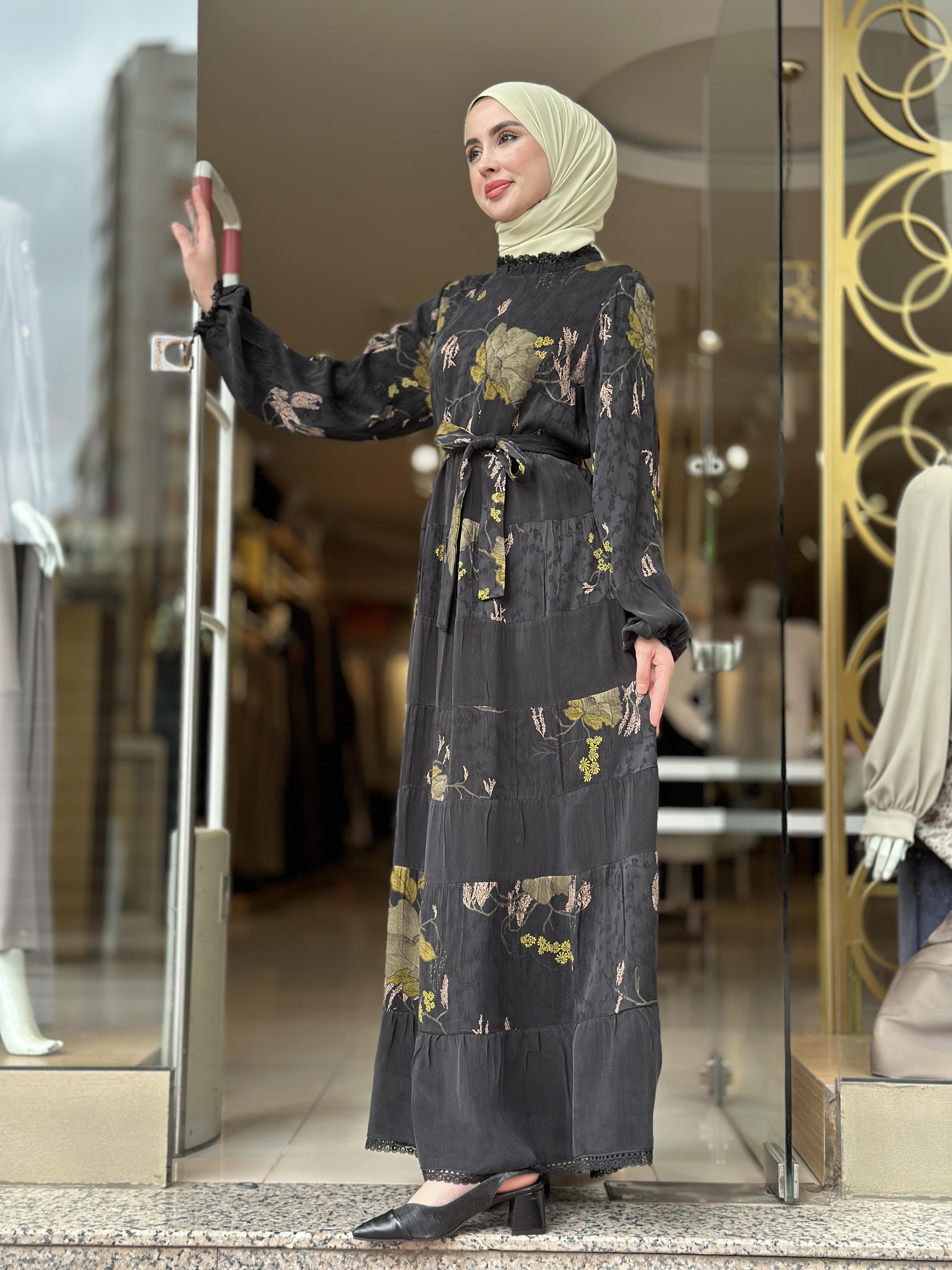 Misswhence Desenli İpek Cupra Elbise - Siyah