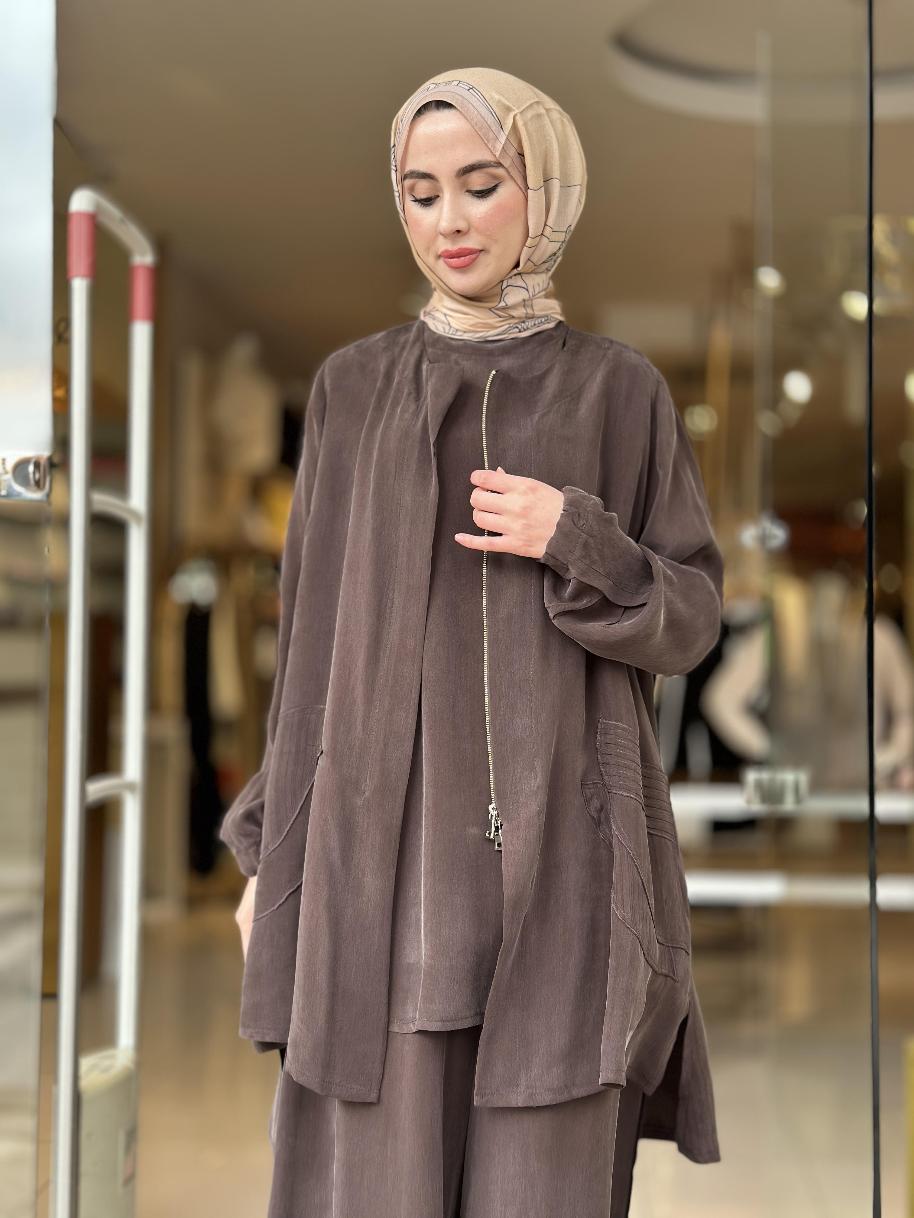 Misswhence İpek Cupra Pantolon Üçlü Takım - Kahverengi