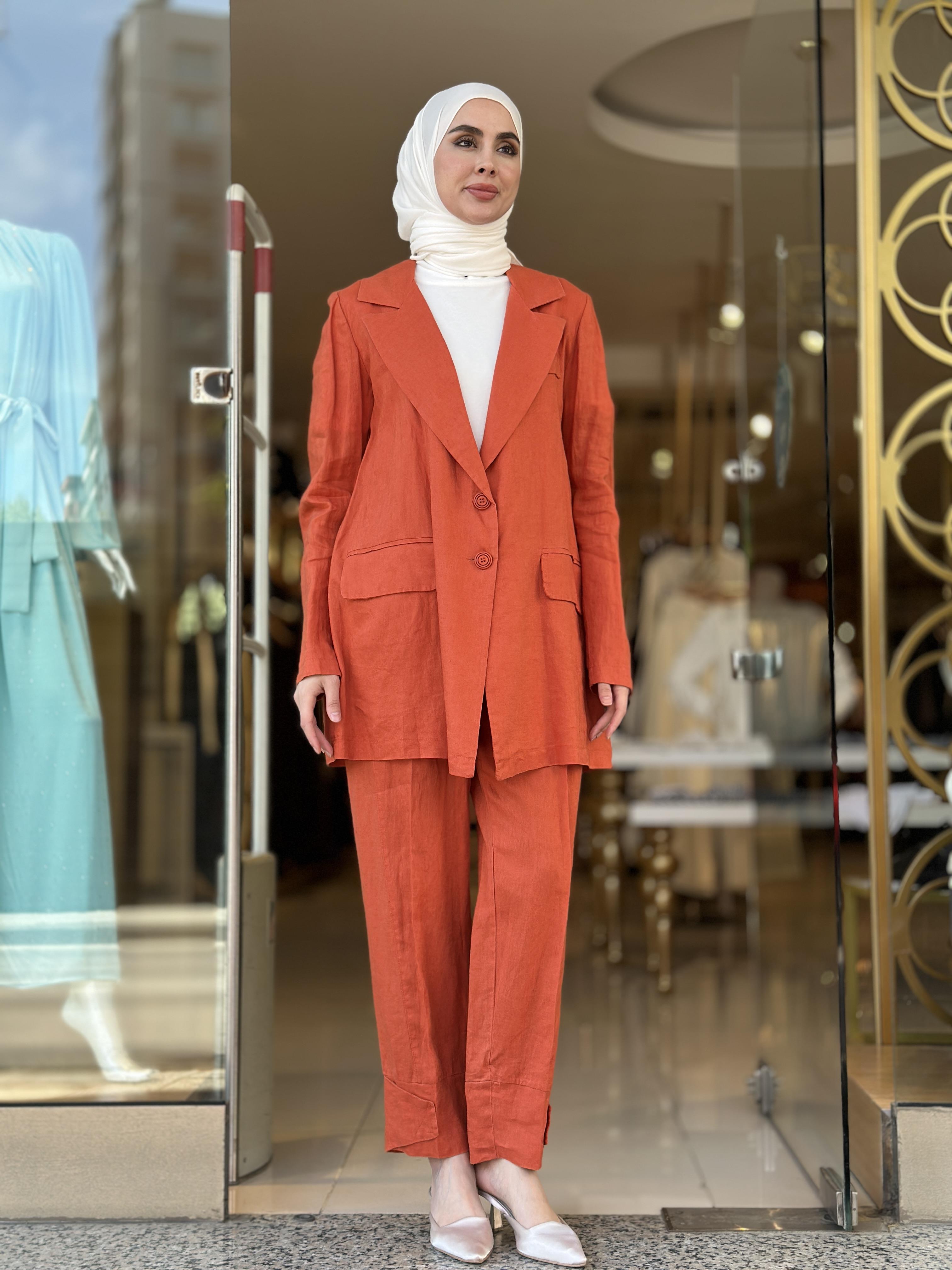 MissWhence Keten Pantolonlu Takım - Oranj