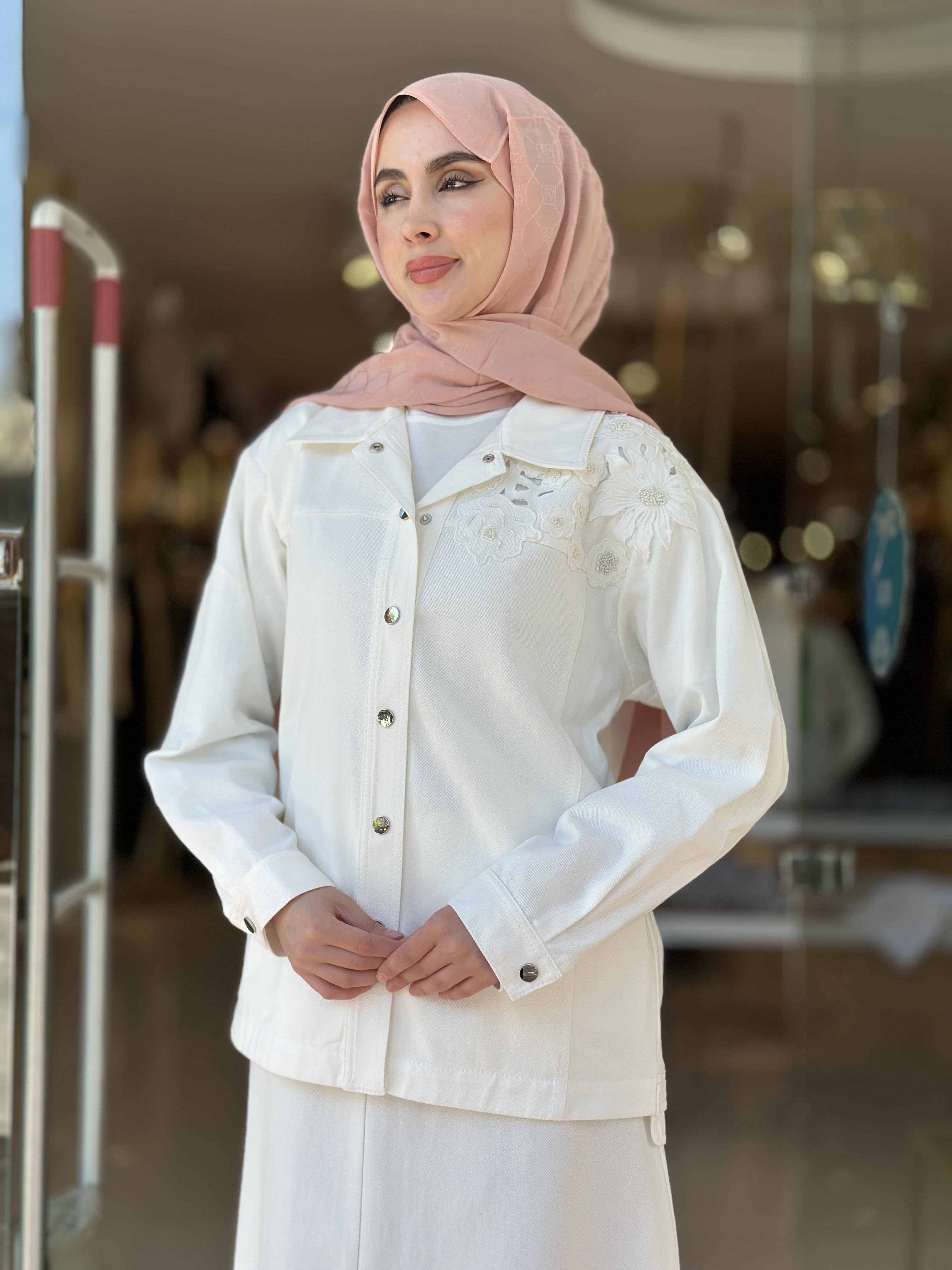 Nakış Detaylı Kot Ceket - Ekru 