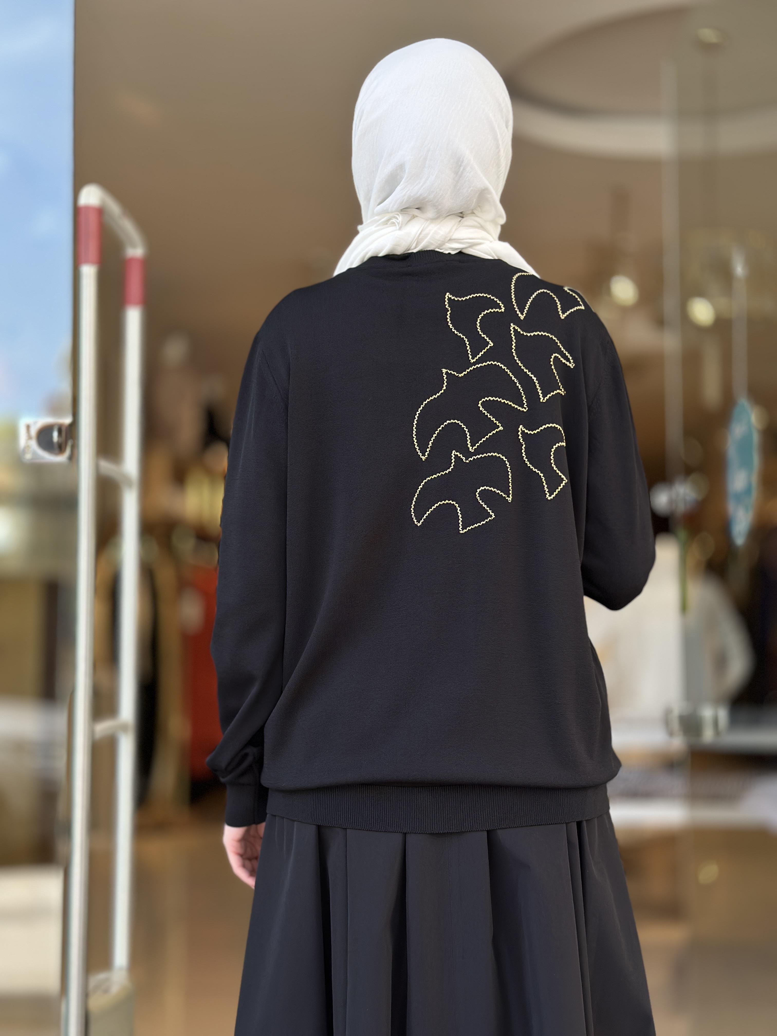 Nakış Detaylı Merserize Hırka - Siyah